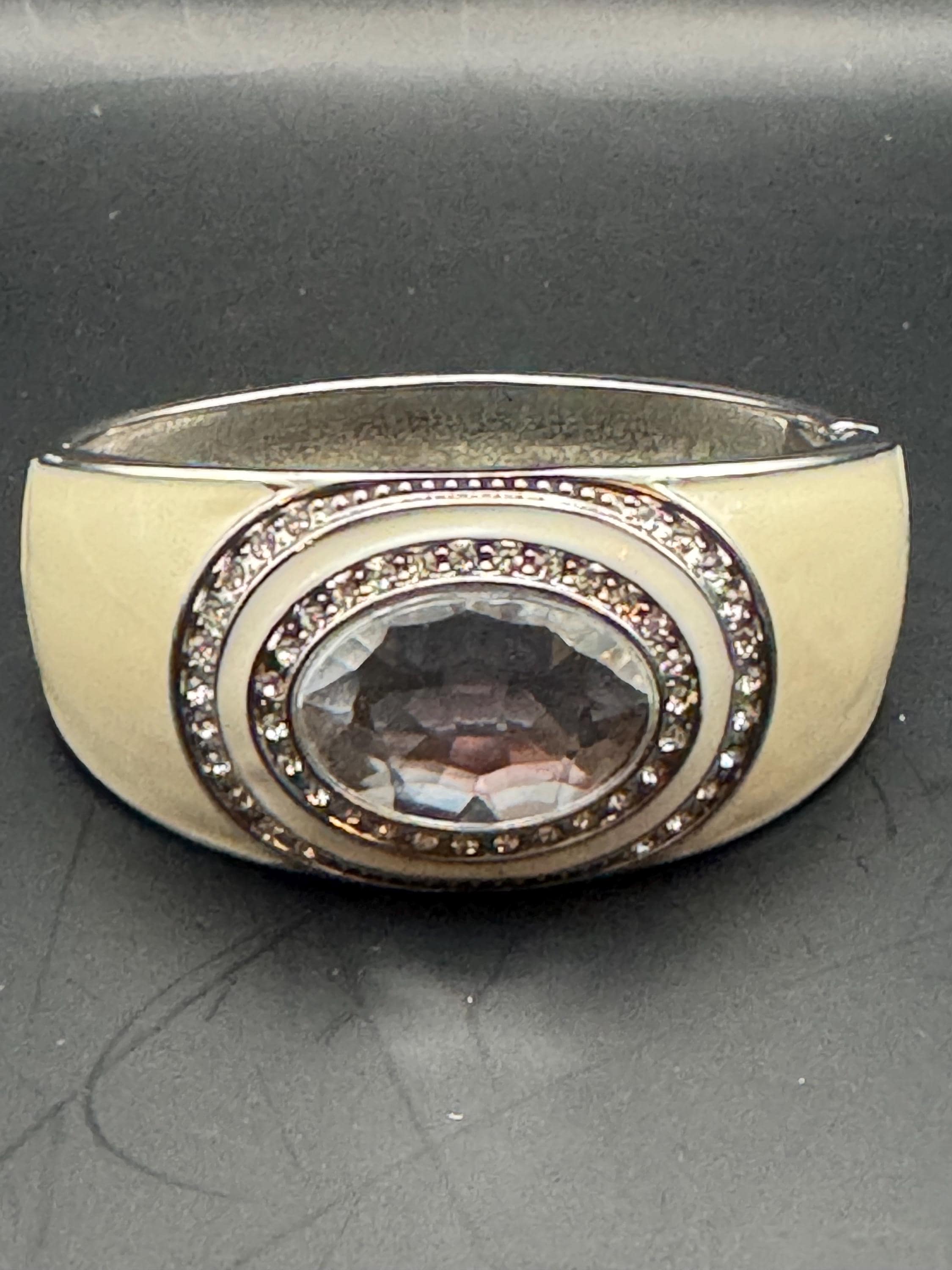 Retro clear crystal cabochon cream enamel Clamper Bangle, silver diamanté Bracelet.