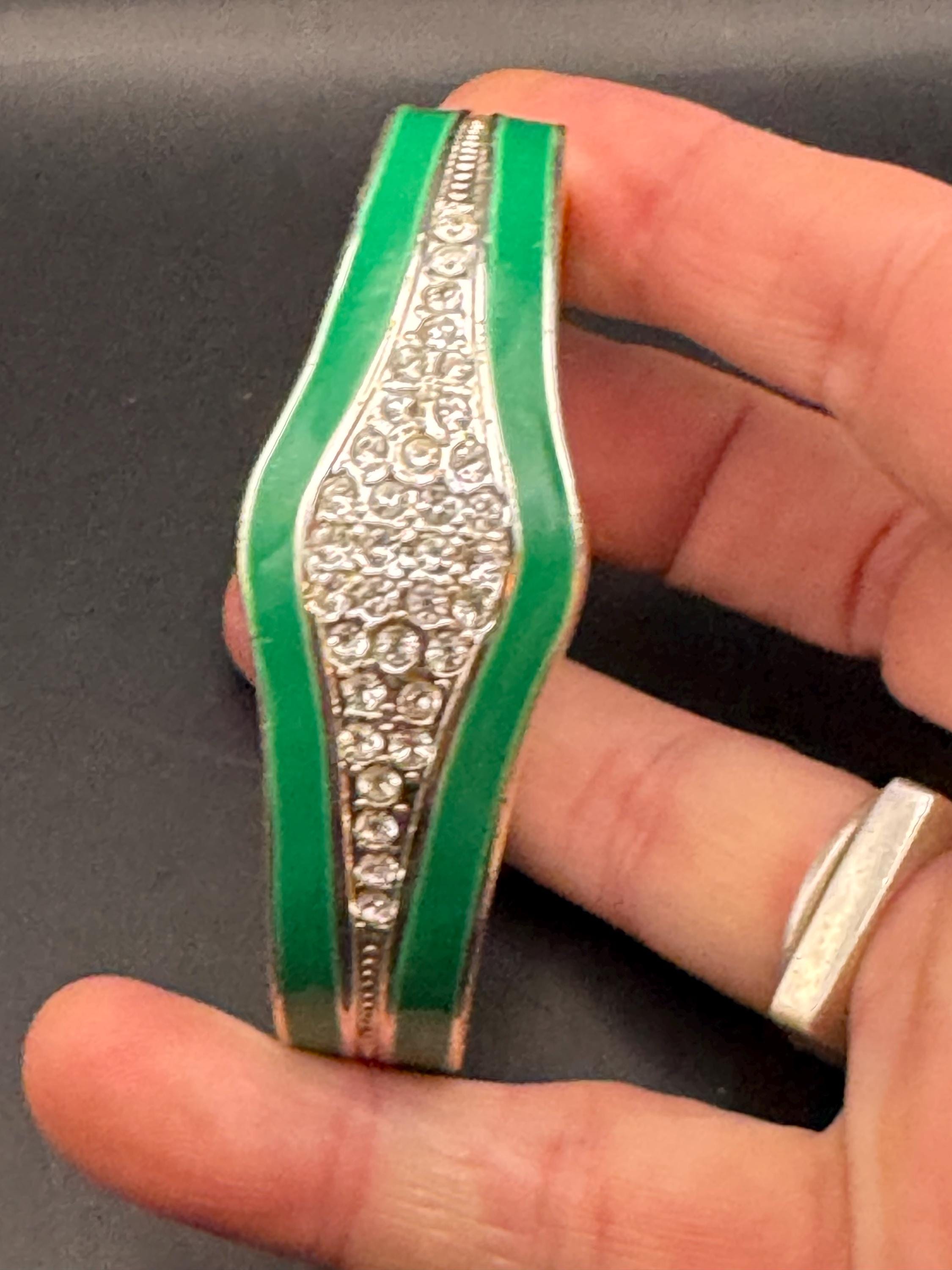 Retro diamanté green enamel Clamper Bangle, silver rhinestone Bracelet.