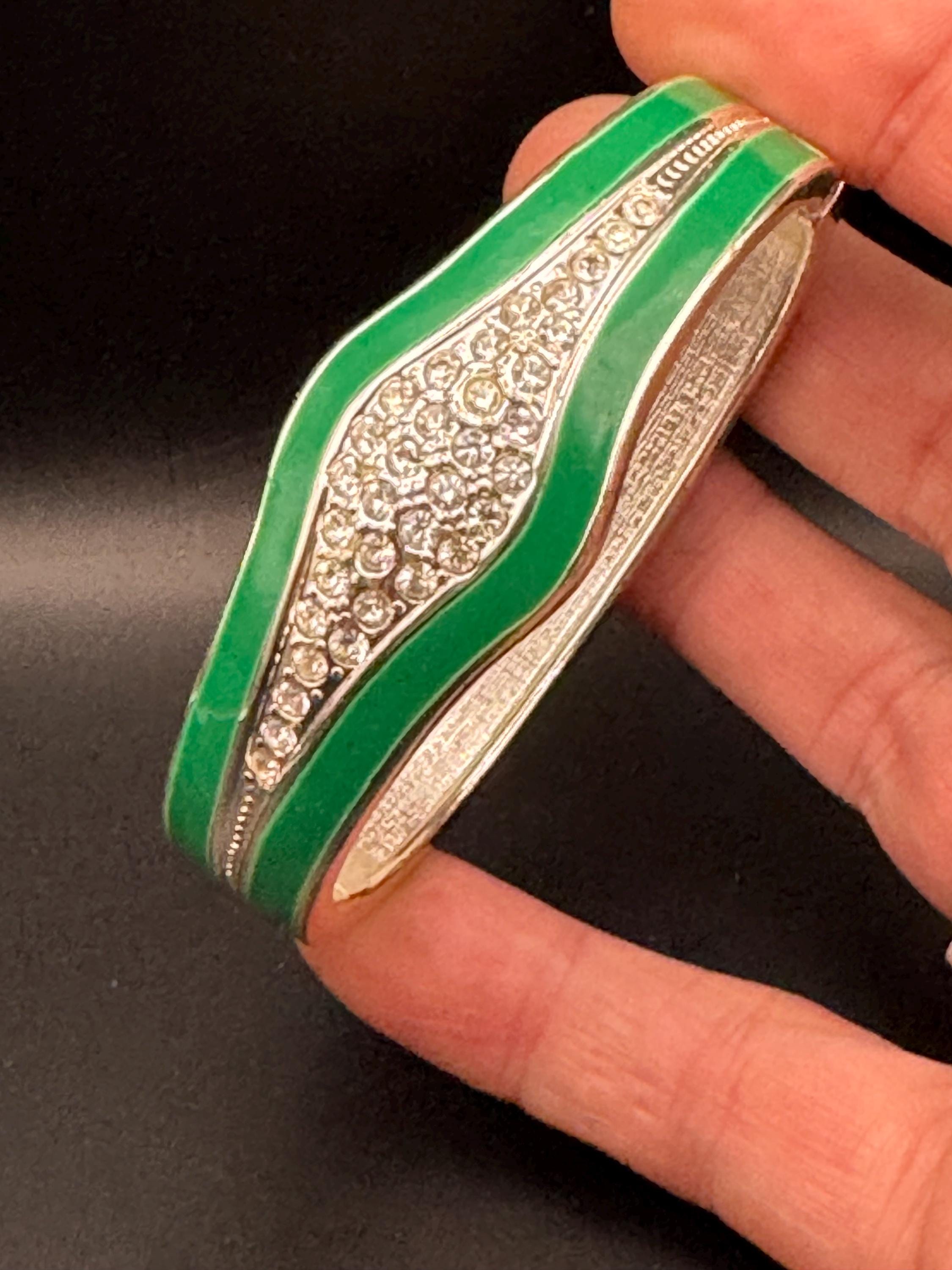 Retro diamanté green enamel Clamper Bangle, silver rhinestone Bracelet.