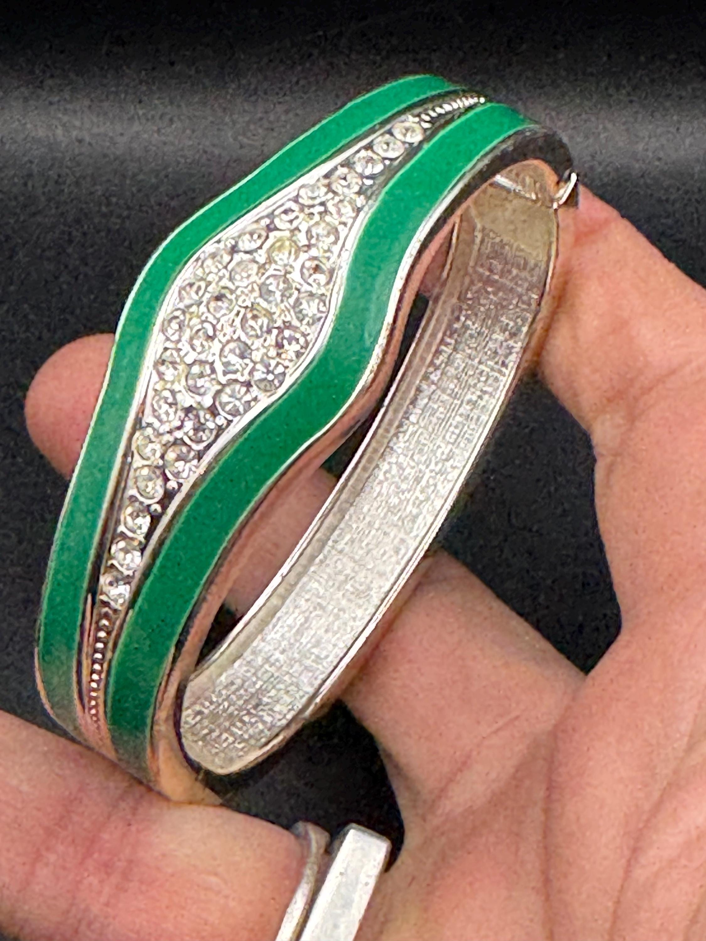 Retro diamanté green enamel Clamper Bangle, silver rhinestone Bracelet.