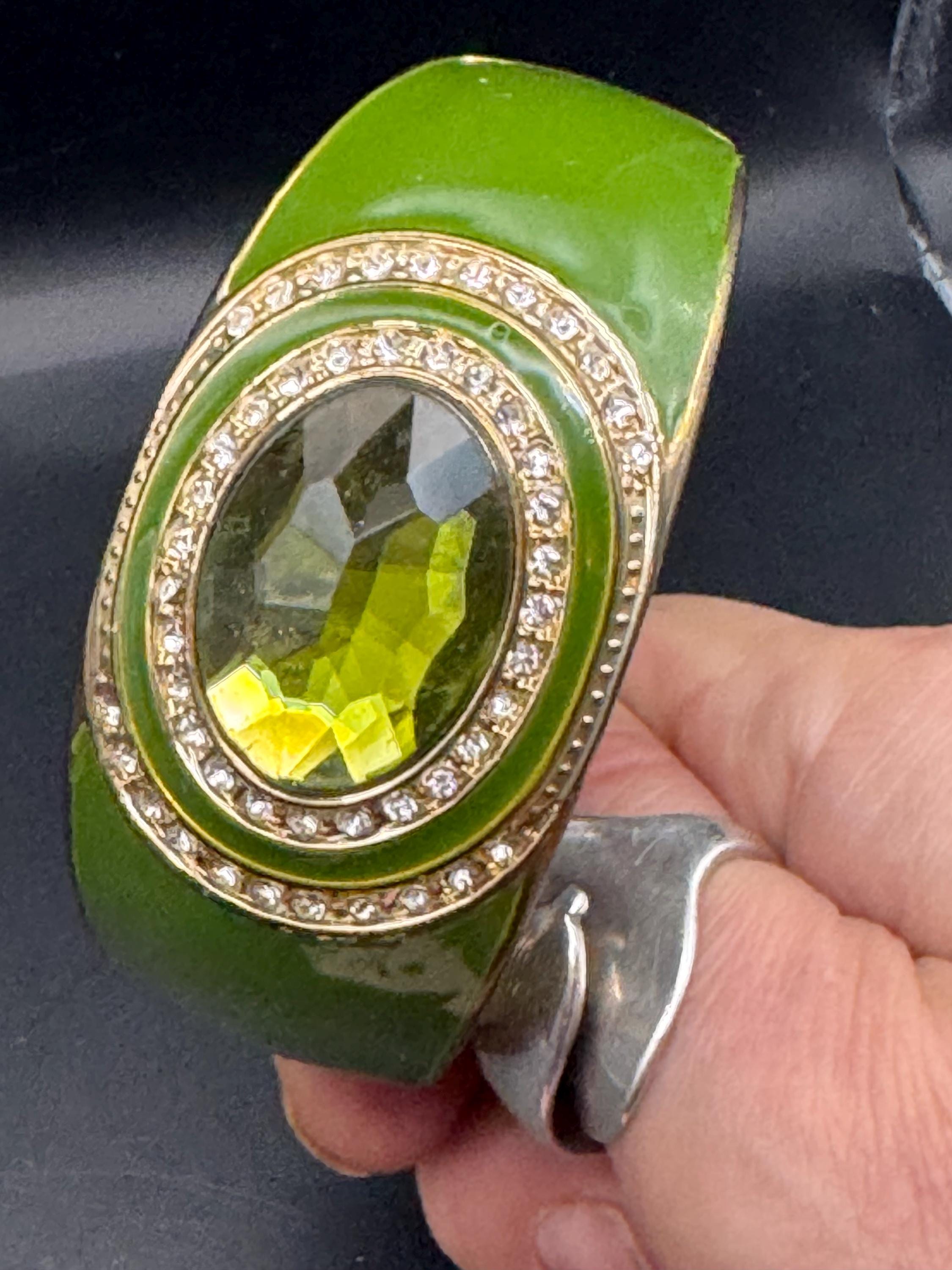 Retro olive green crystal cabochon enamel Clamper Bangle, gold diamanté Bracelet.