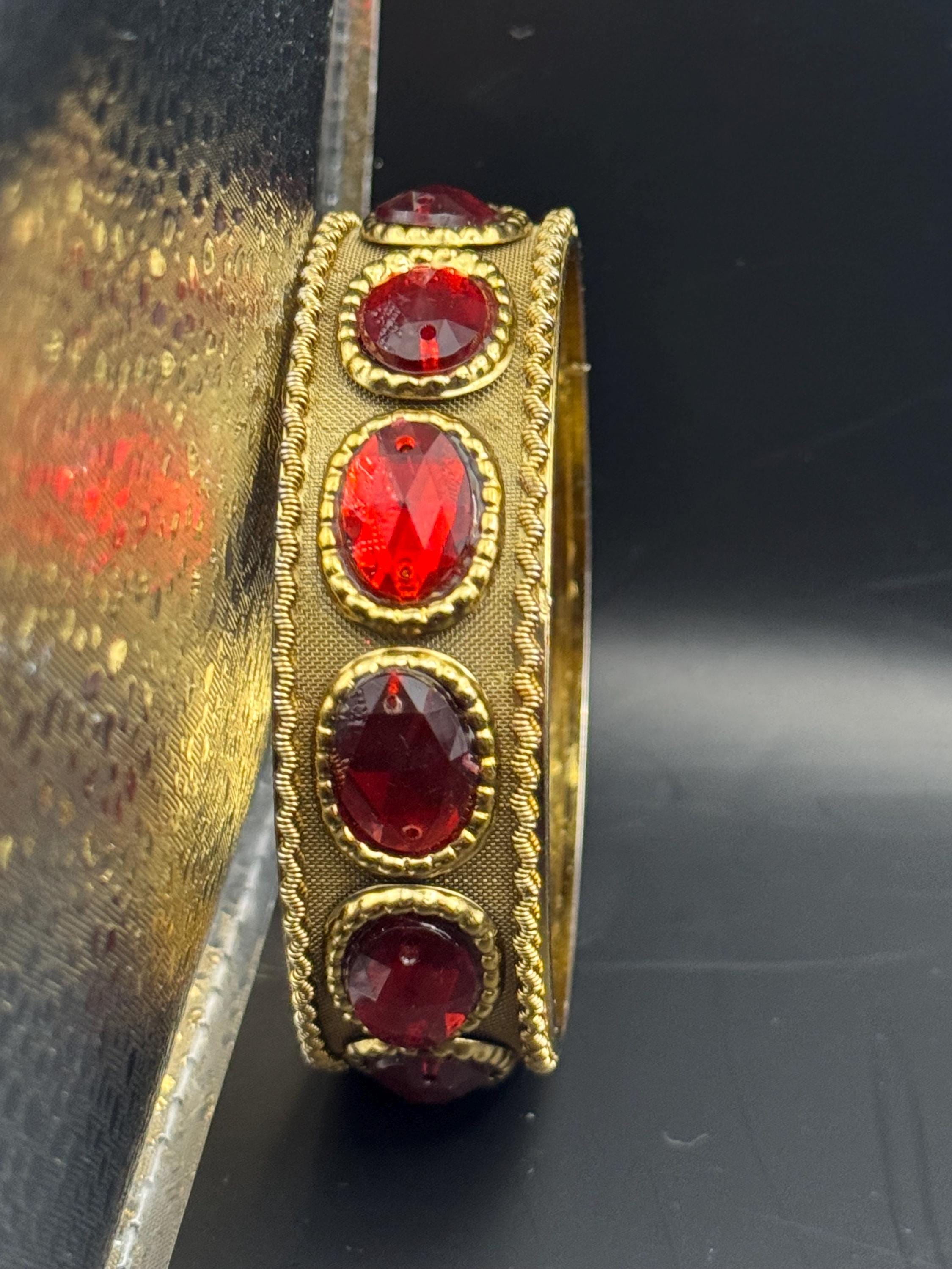 Vintage gold metal ruby cabochon wide fixed Bangle. Etruscan medieval style