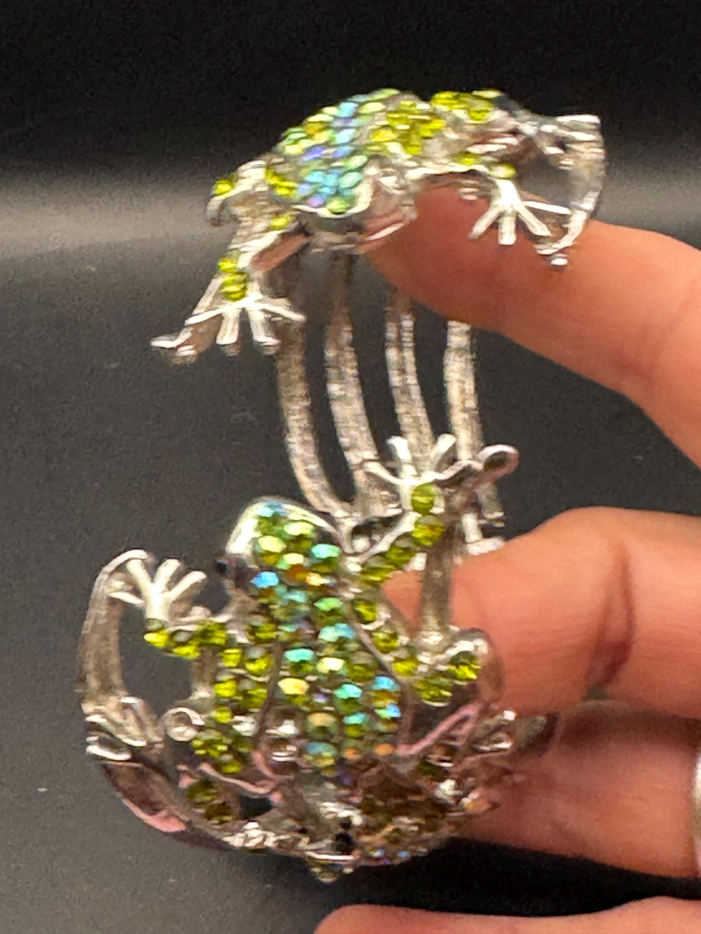 Novelty diamanté frog Clamper Bangle, green ab crystal silver tone rhinestone Bracelet.