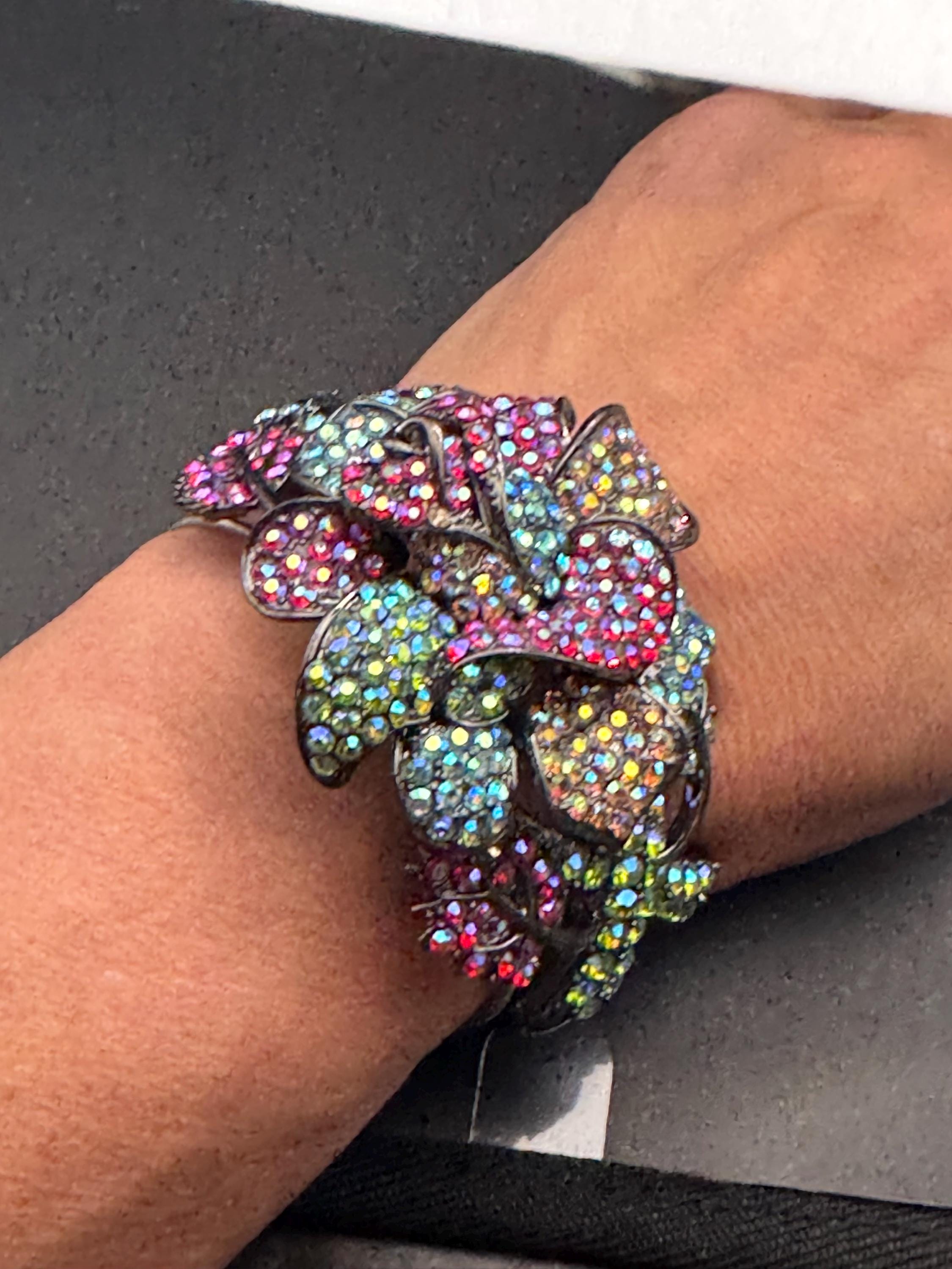 Oversized diamanté Clamper Bangle, pink blue ab crystal dark silver tone rhinestone Bracelet.