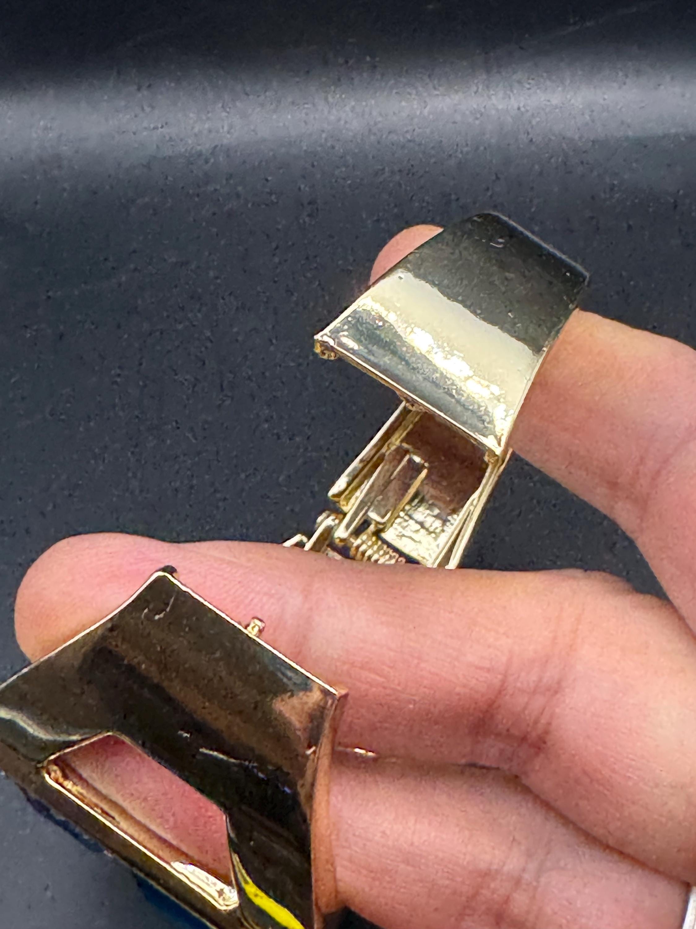 Blue Acrylic and glass rhinestone clamper bangle, gold tone art deco geometric diamanté bracelet