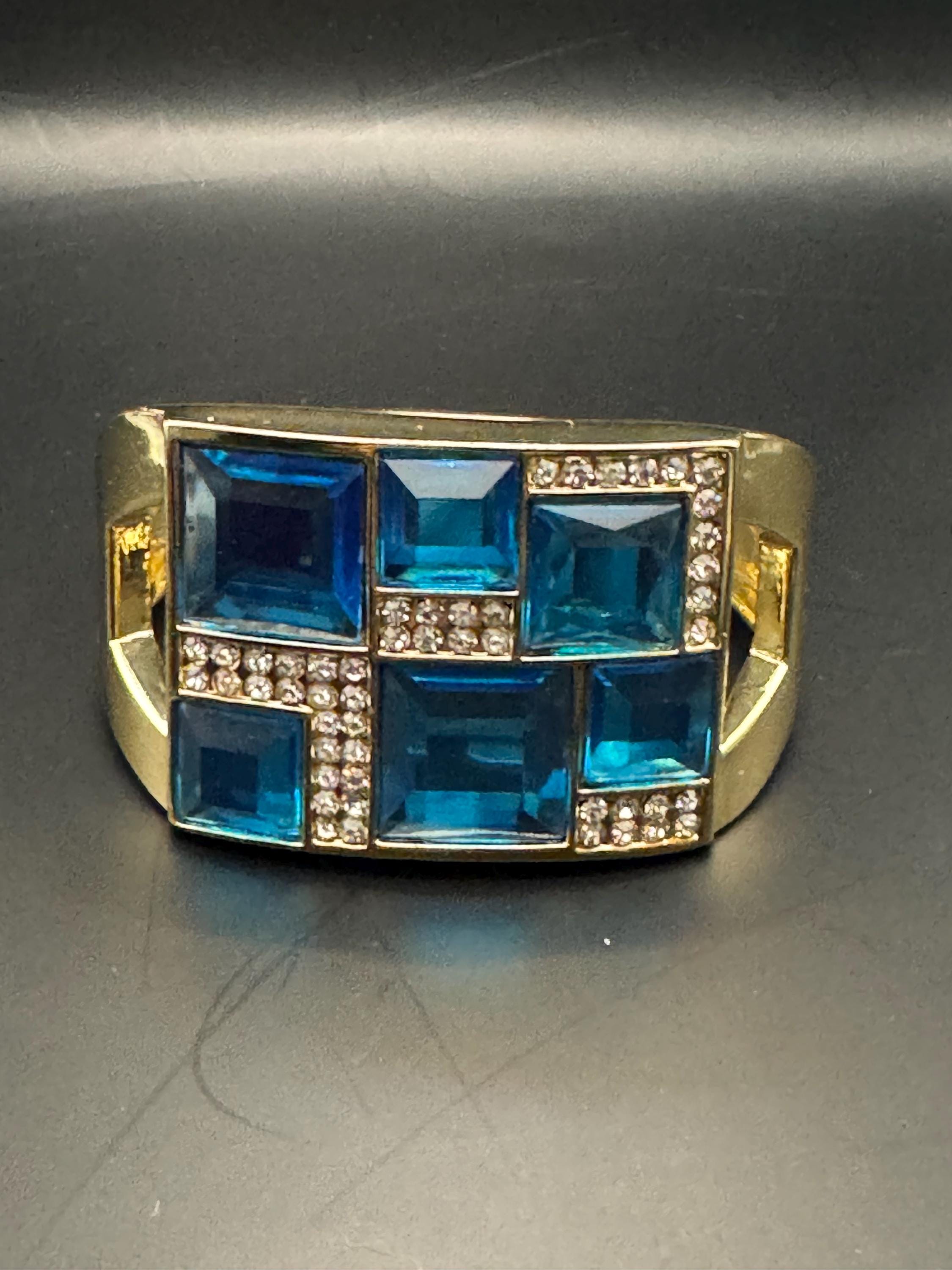 Blue Acrylic and glass rhinestone clamper bangle, gold tone art deco geometric diamanté bracelet