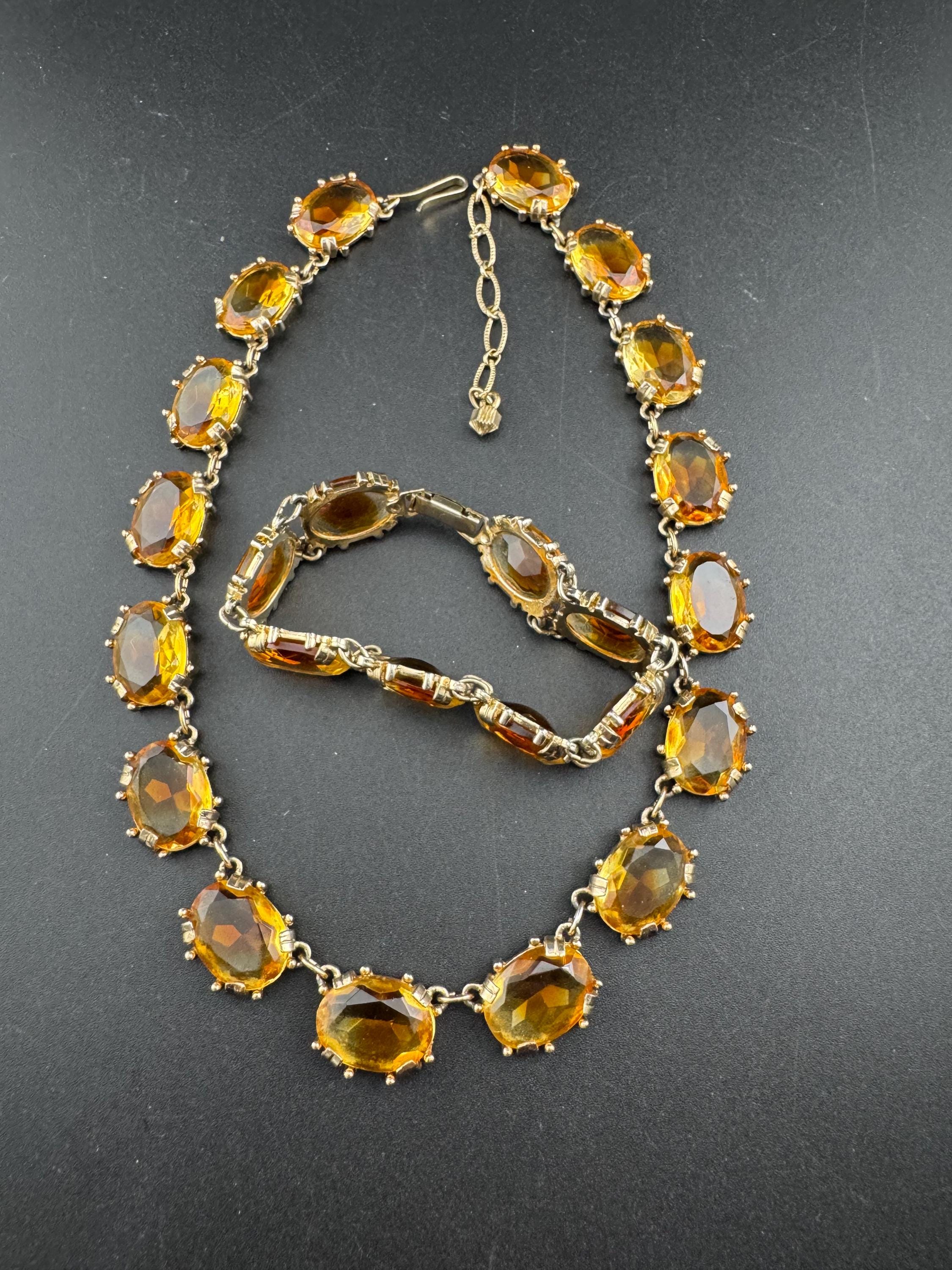Vintage Citrine orange Glass Necklace and Bracelet Set