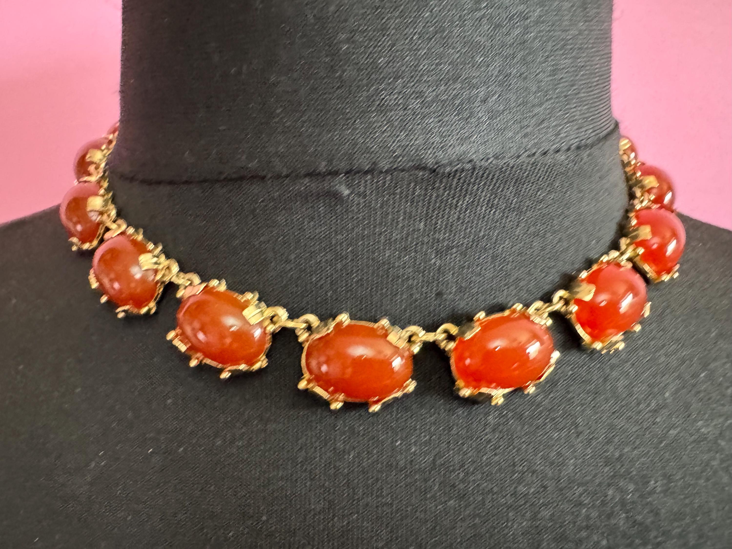 Vintage carnelian glass cabochon necklace, gold tone 1960s