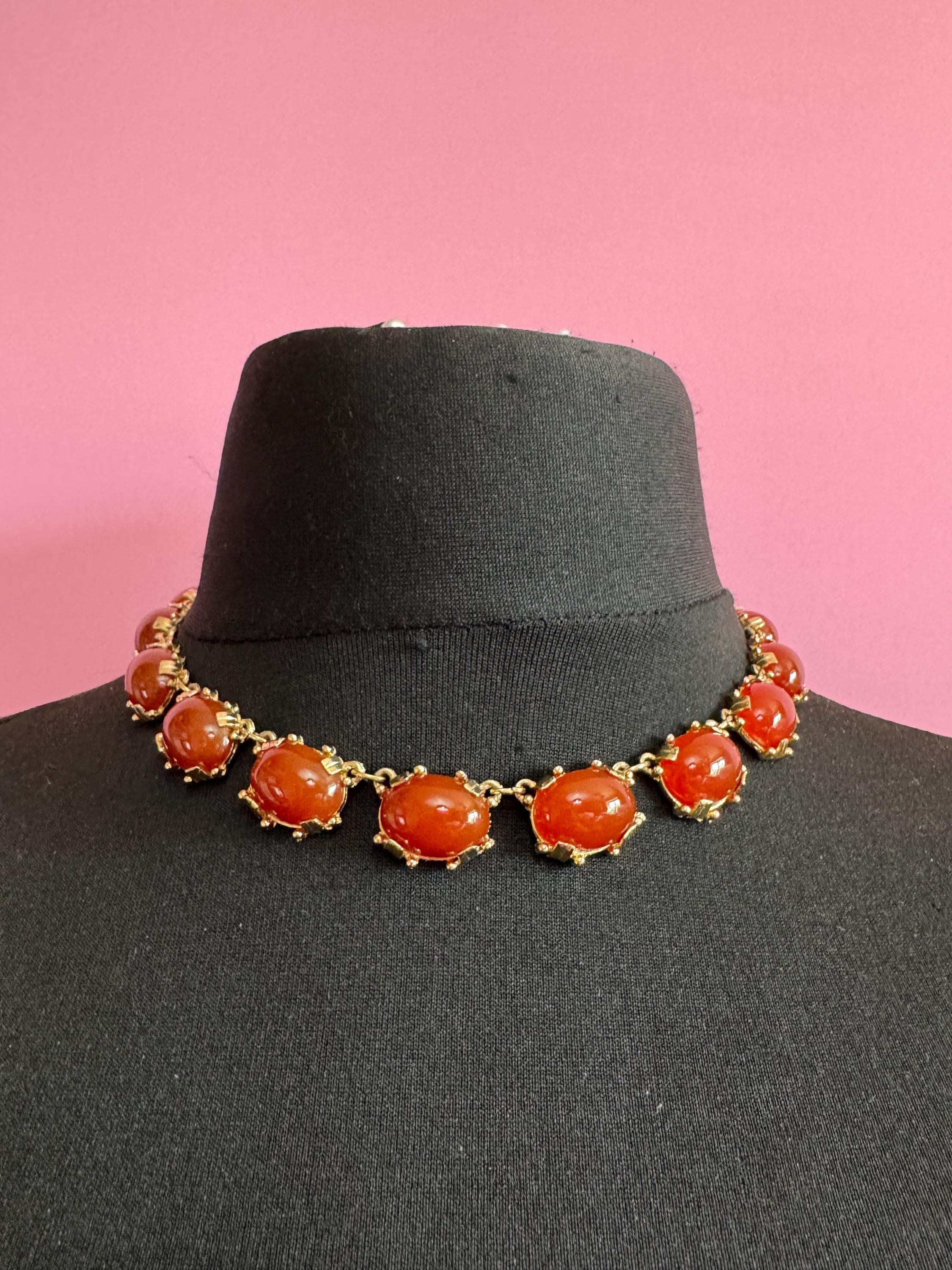 Vintage carnelian glass cabochon necklace, gold tone 1960s