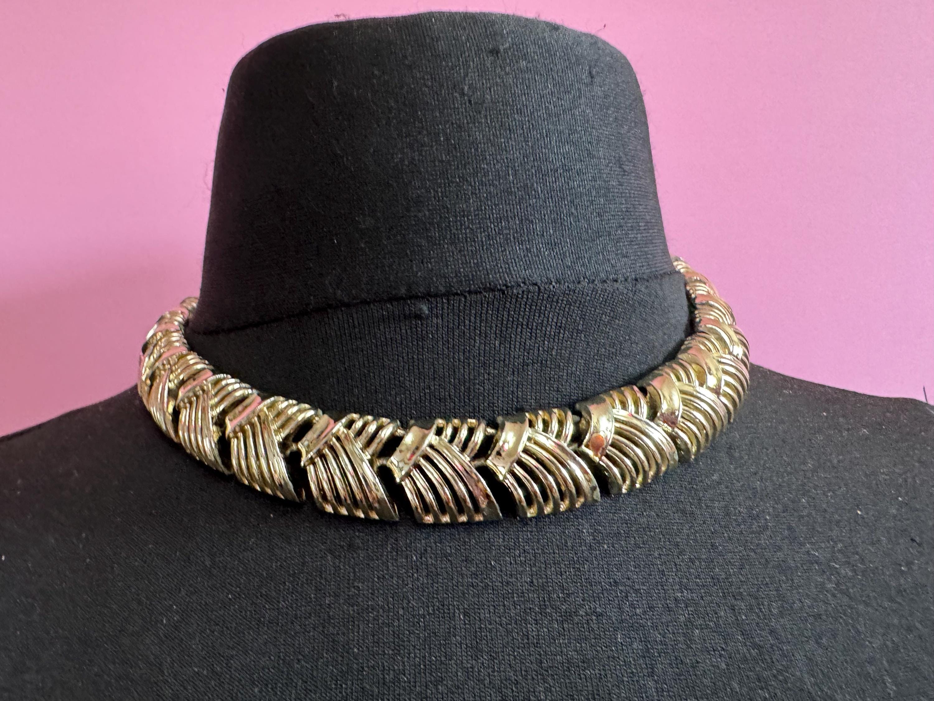 Vintage geometric panel Link choker necklace with wear, as found gold tone