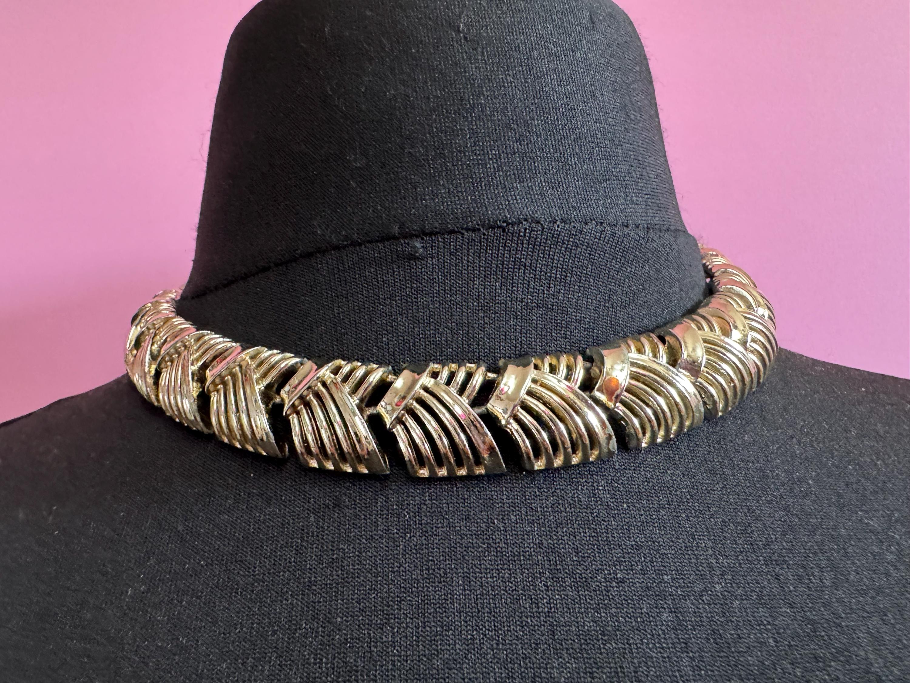 Vintage geometric panel Link choker necklace with wear, as found gold tone