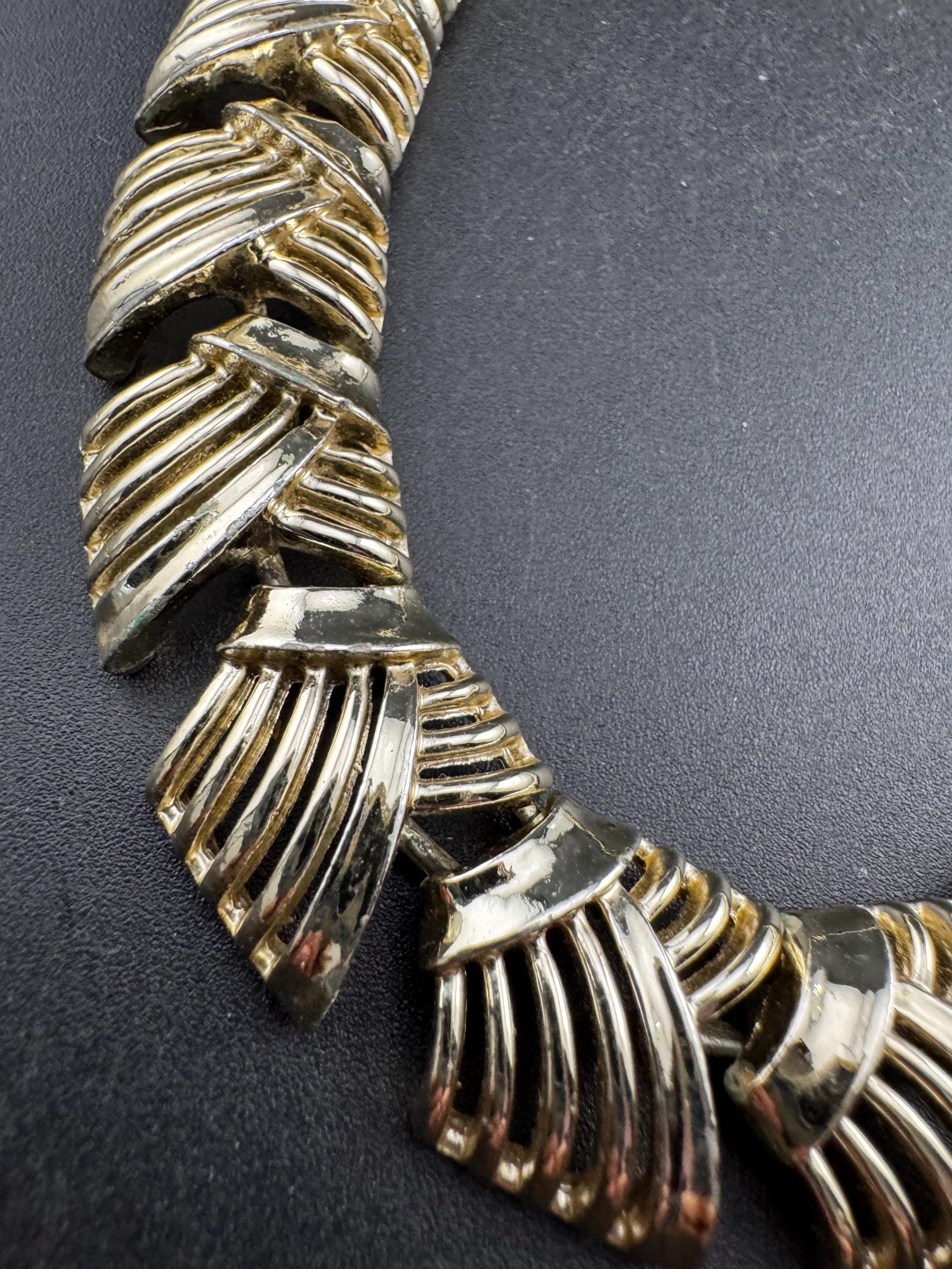 Vintage geometric panel Link choker necklace with wear, as found gold tone