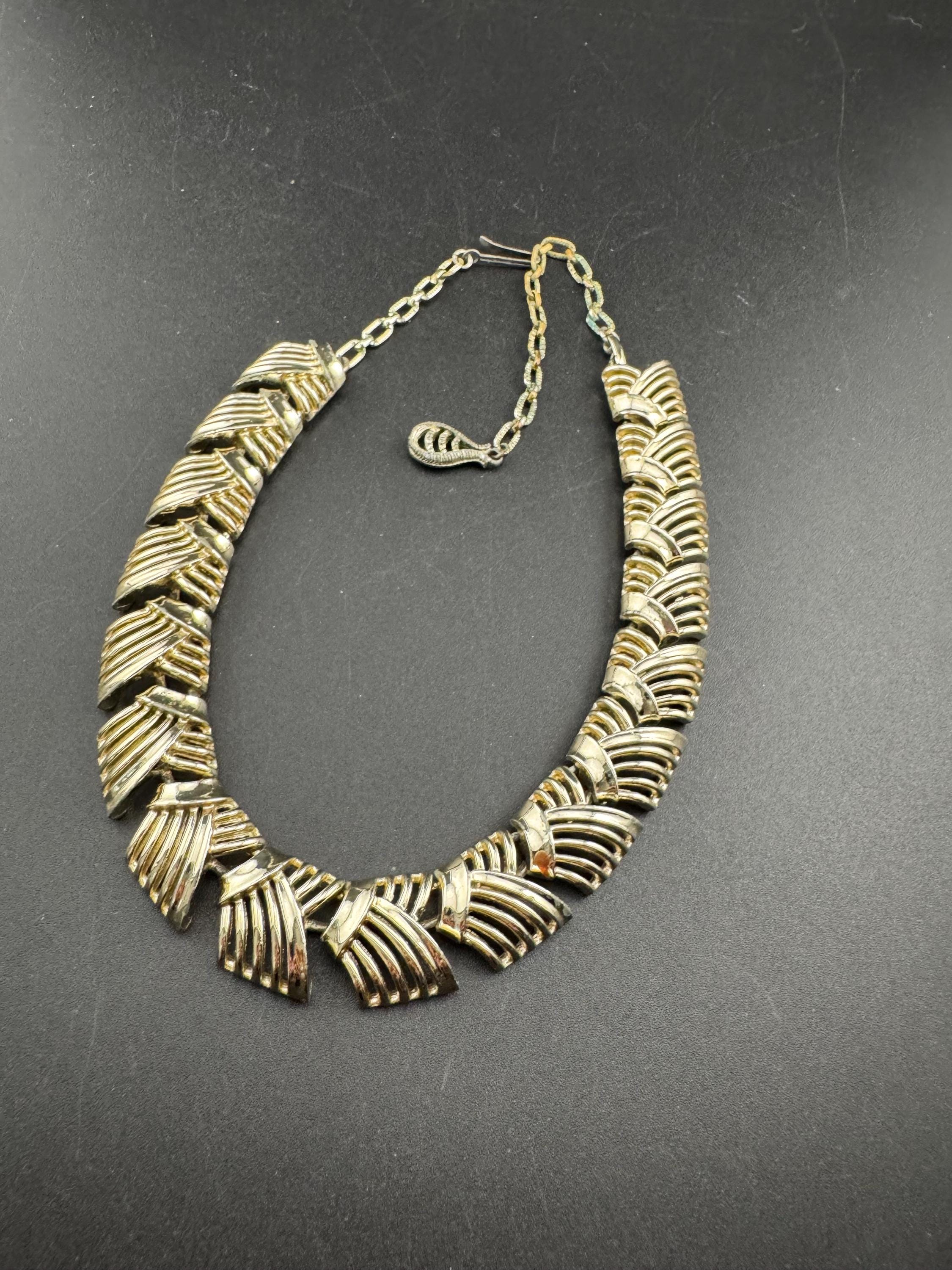 Vintage geometric panel Link choker necklace with wear, as found gold tone