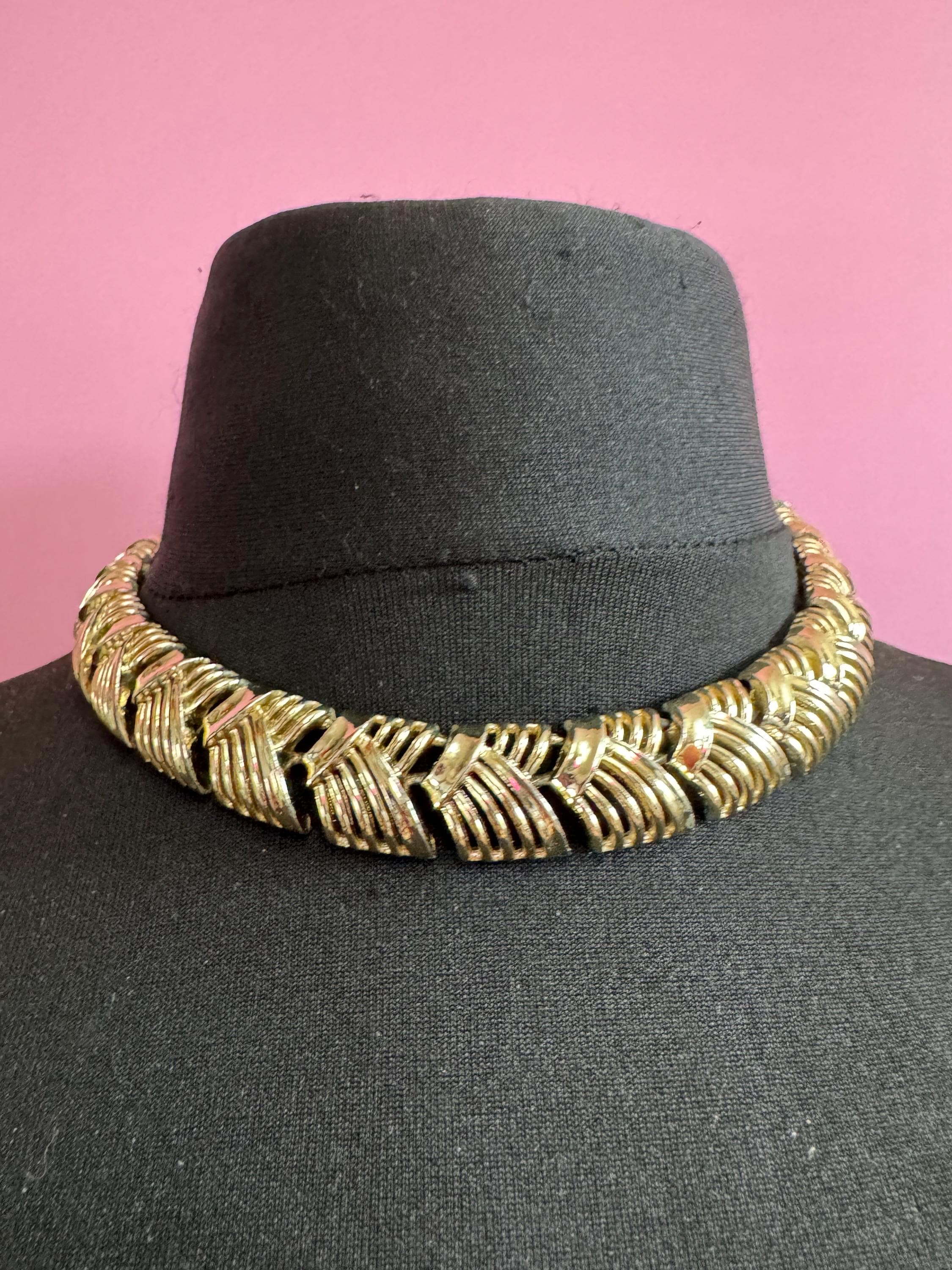 Vintage geometric panel Link choker necklace with wear, as found gold tone