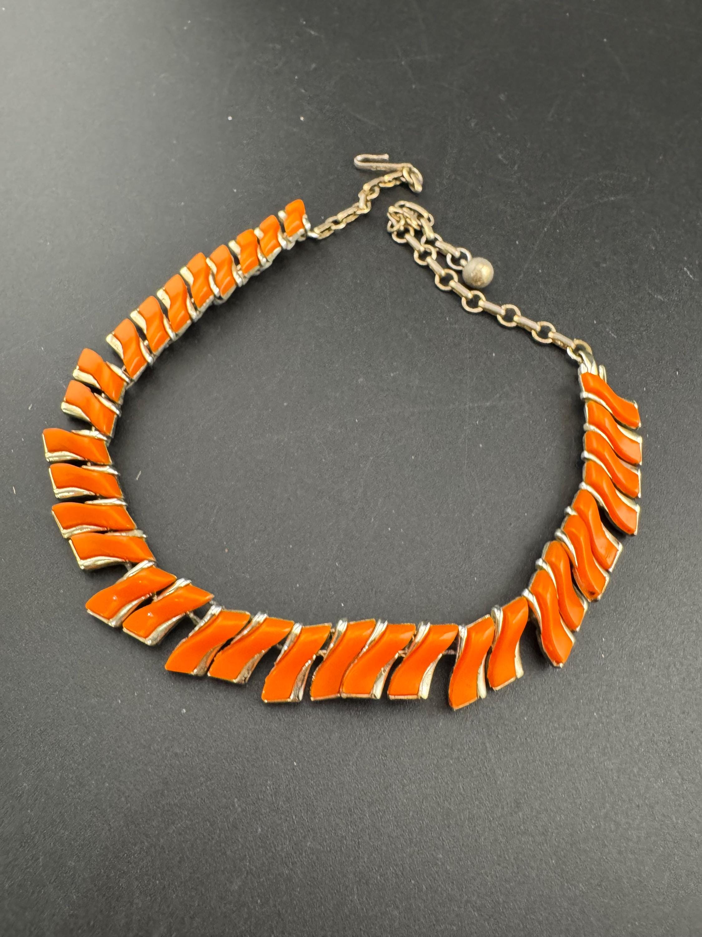 Vintage Orange panel link collar necklace, 50s thermoset plastic
