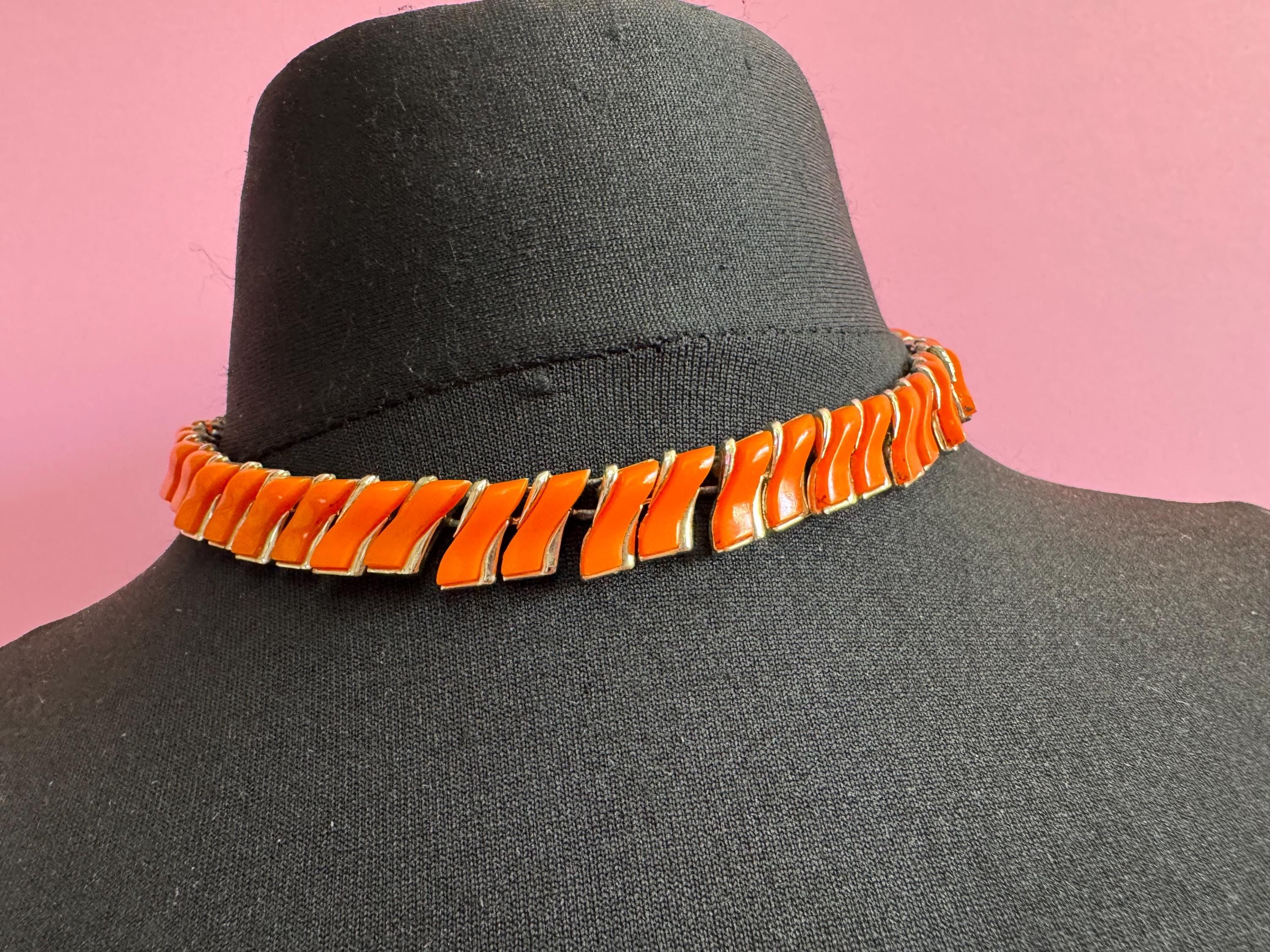 Vintage Orange panel link collar necklace, 50s thermoset plastic