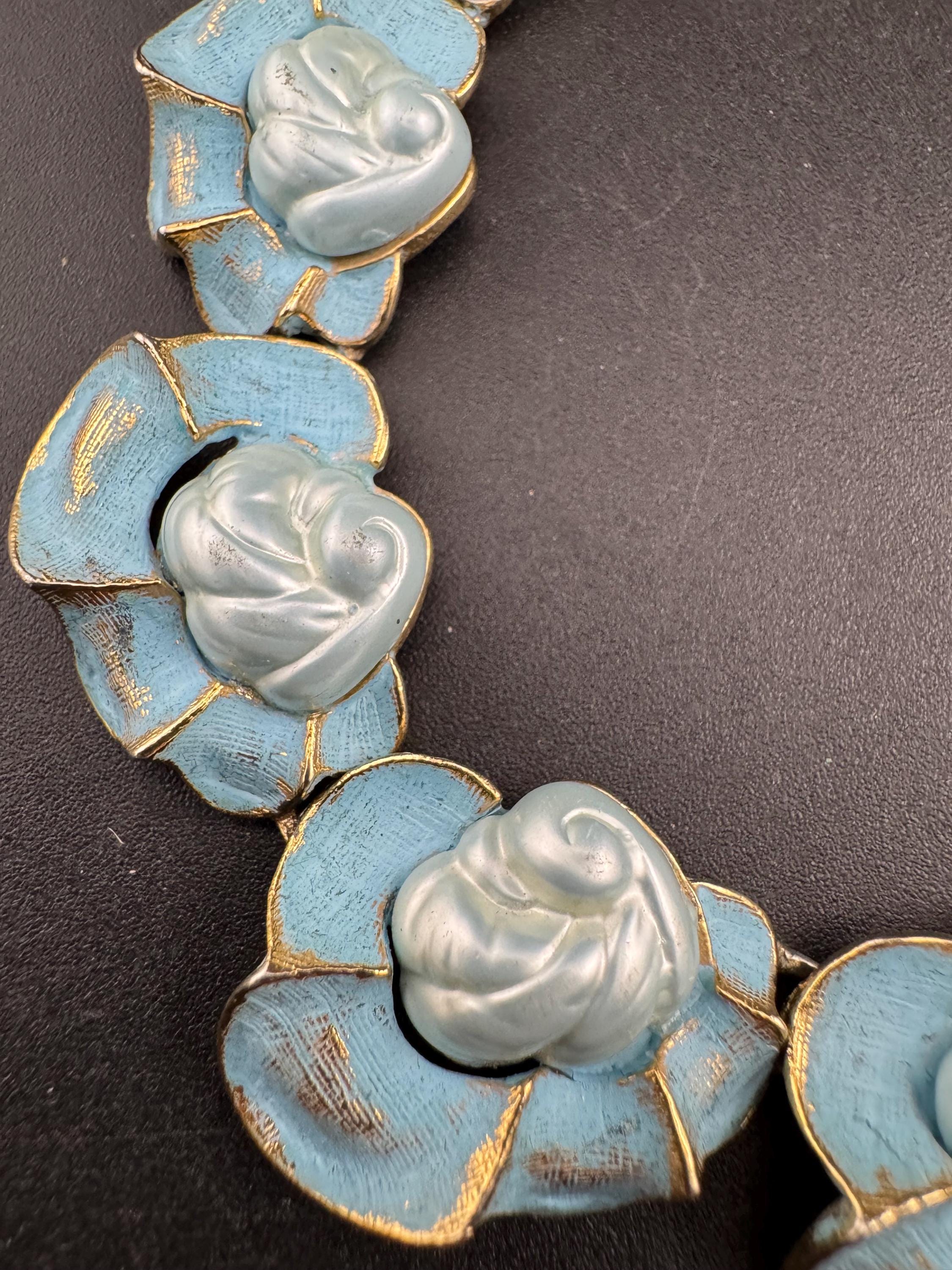 Vintage baby blue enamel panel link choker necklace 42cm, gold tone 50s