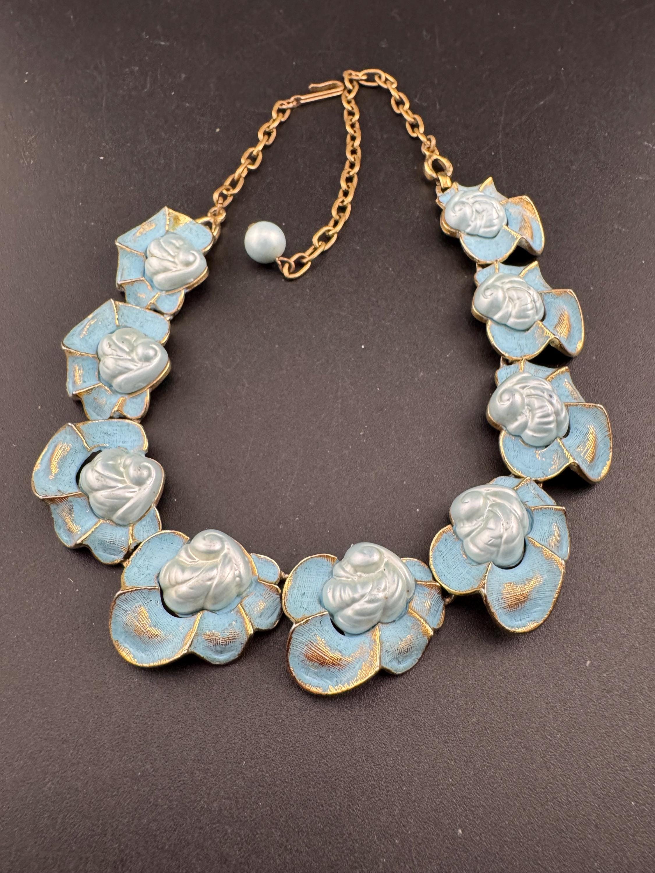 Vintage baby blue enamel panel link choker necklace 42cm, gold tone 50s