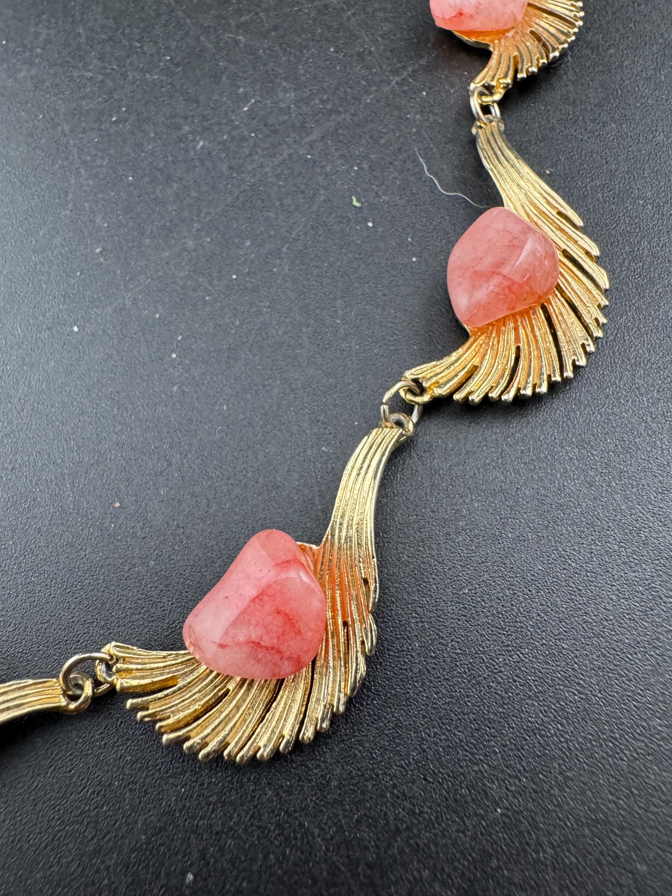 Vintage pink gemstone set panel link choker necklace, gold tone
