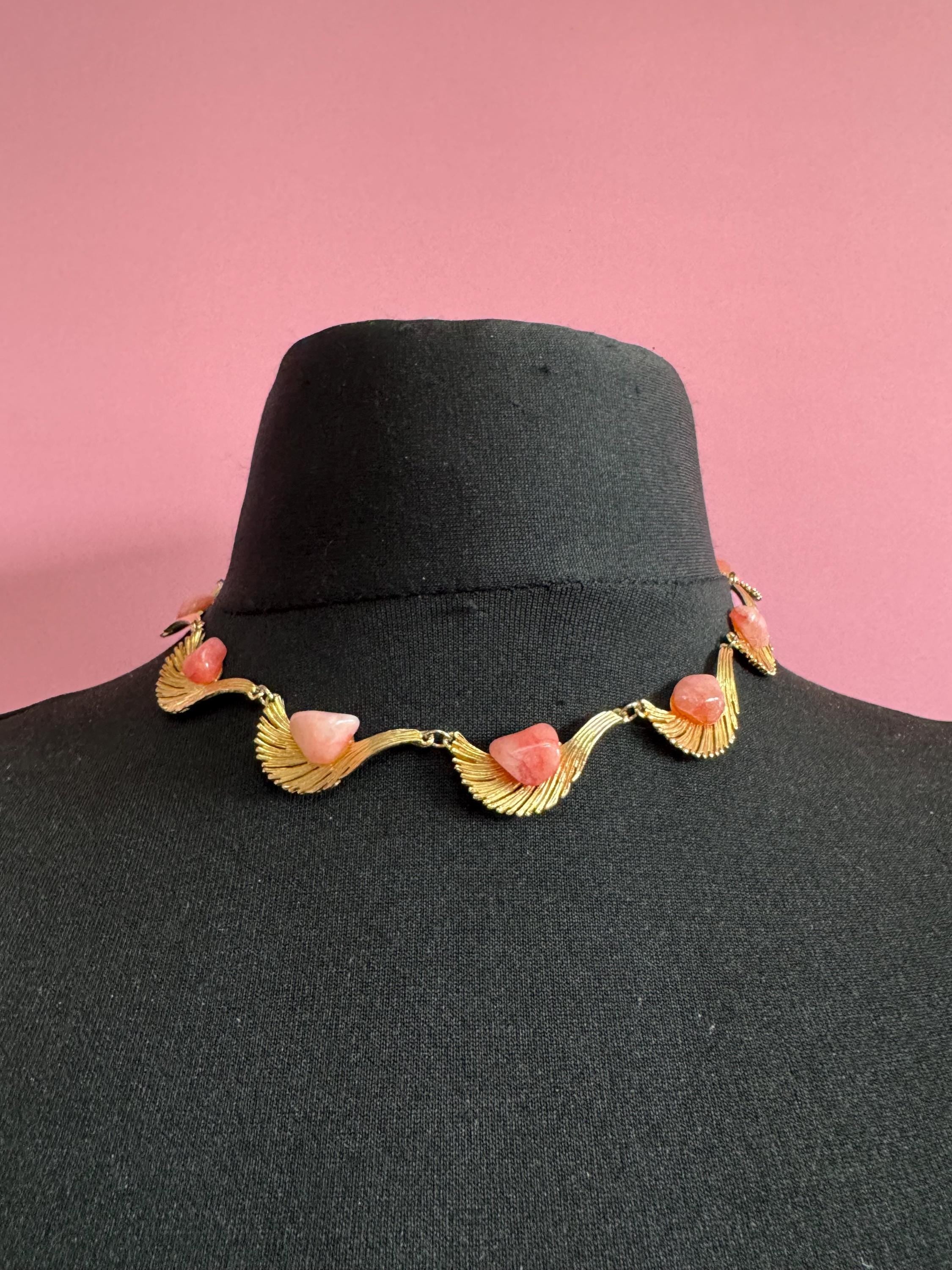 Vintage pink gemstone set panel link choker necklace, gold tone