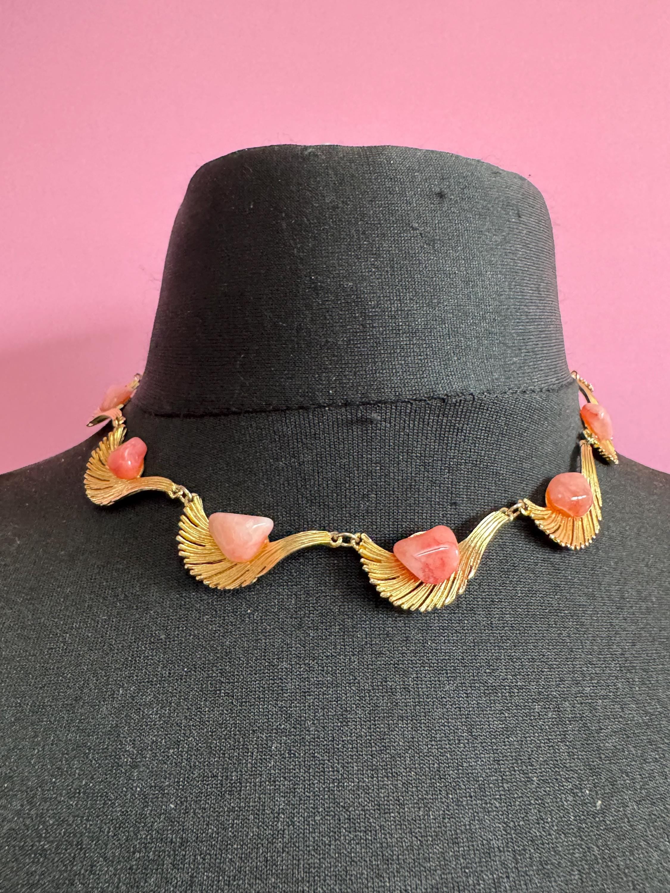 Vintage pink gemstone set panel link choker necklace, gold tone