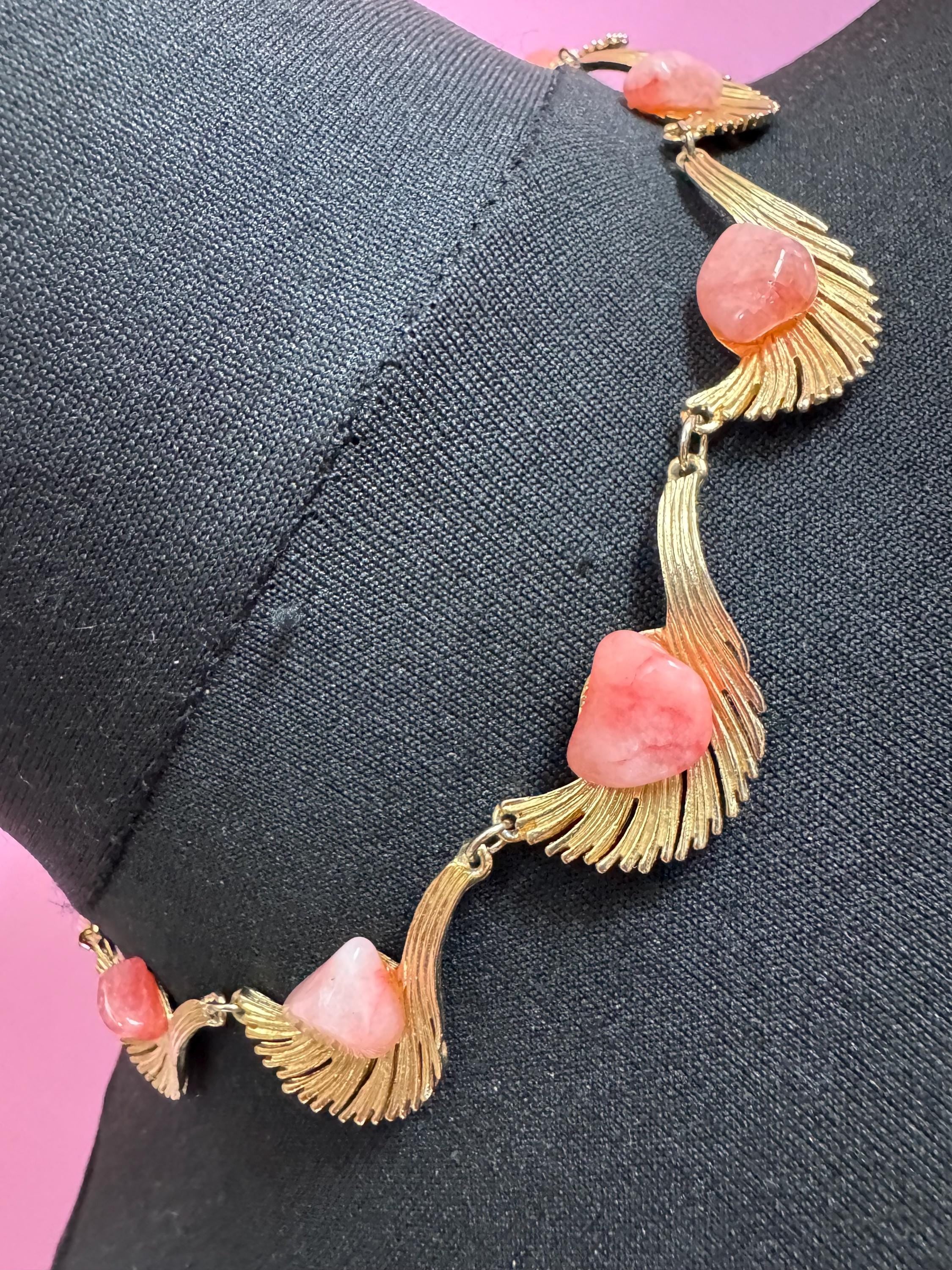 Vintage pink gemstone set panel link choker necklace, gold tone