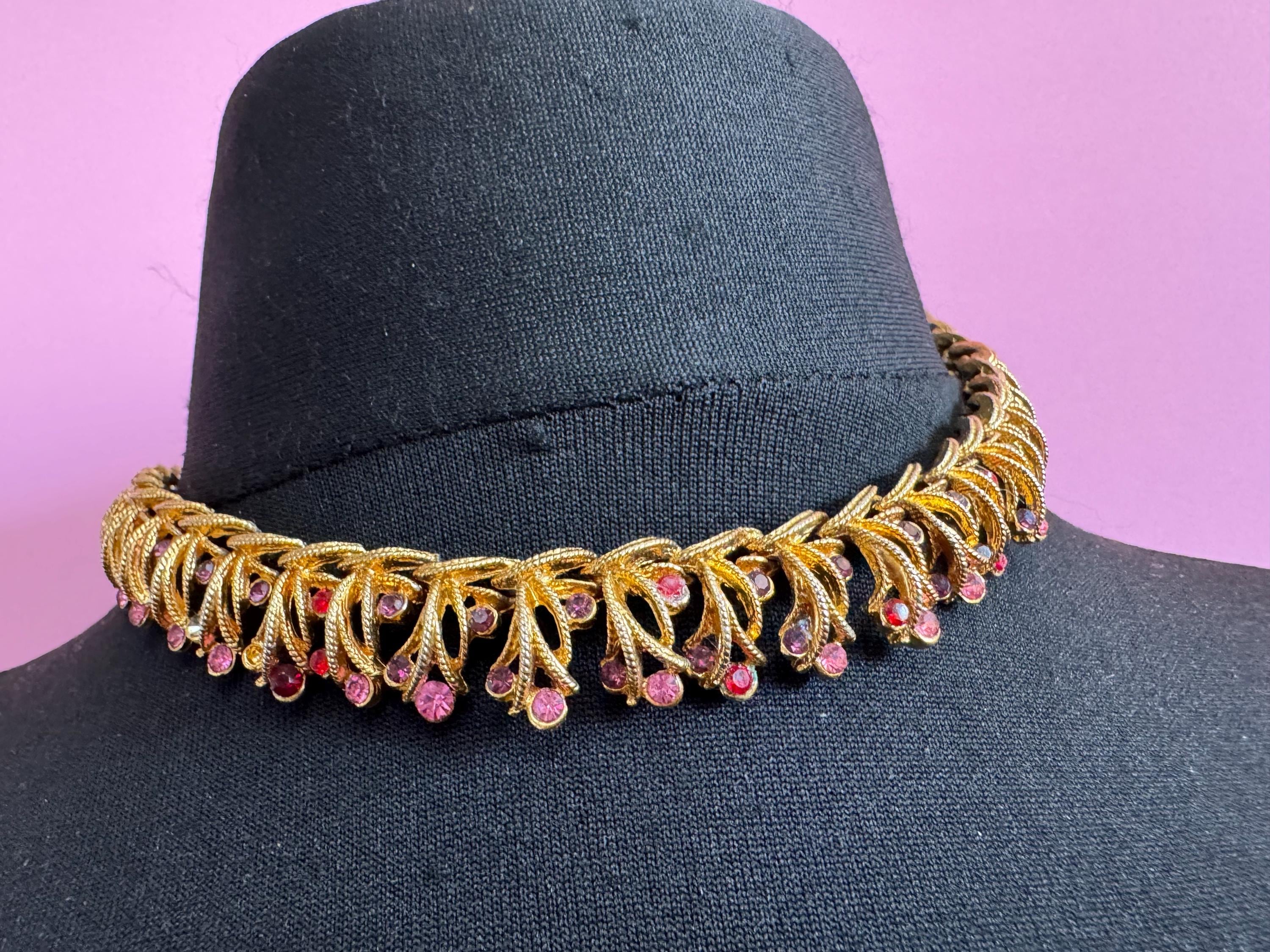 Vintage pink rhinestone collar necklace, 1960s gold tone