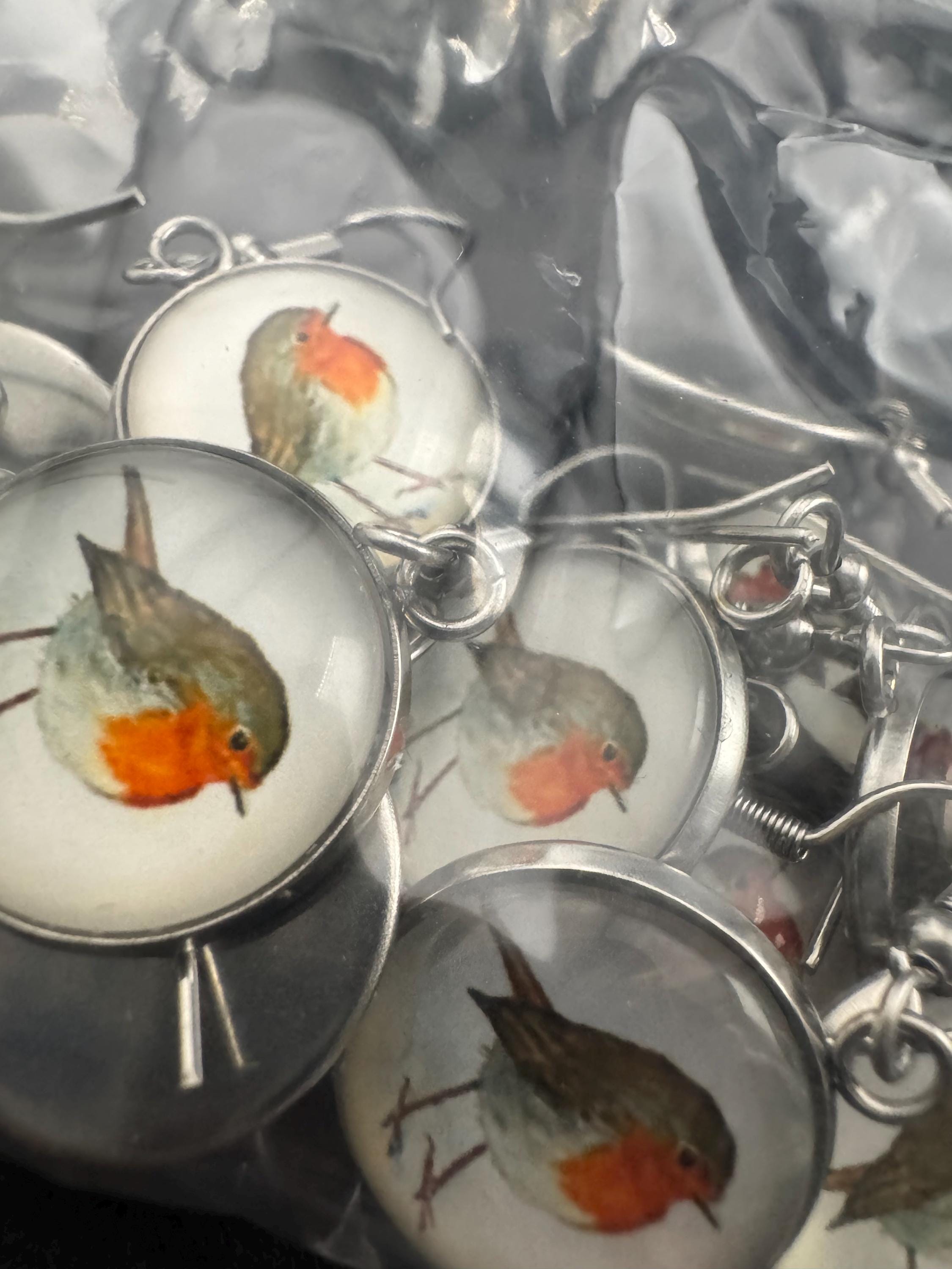 16mm glass Robin dangly earrings, stainless steel silver tone