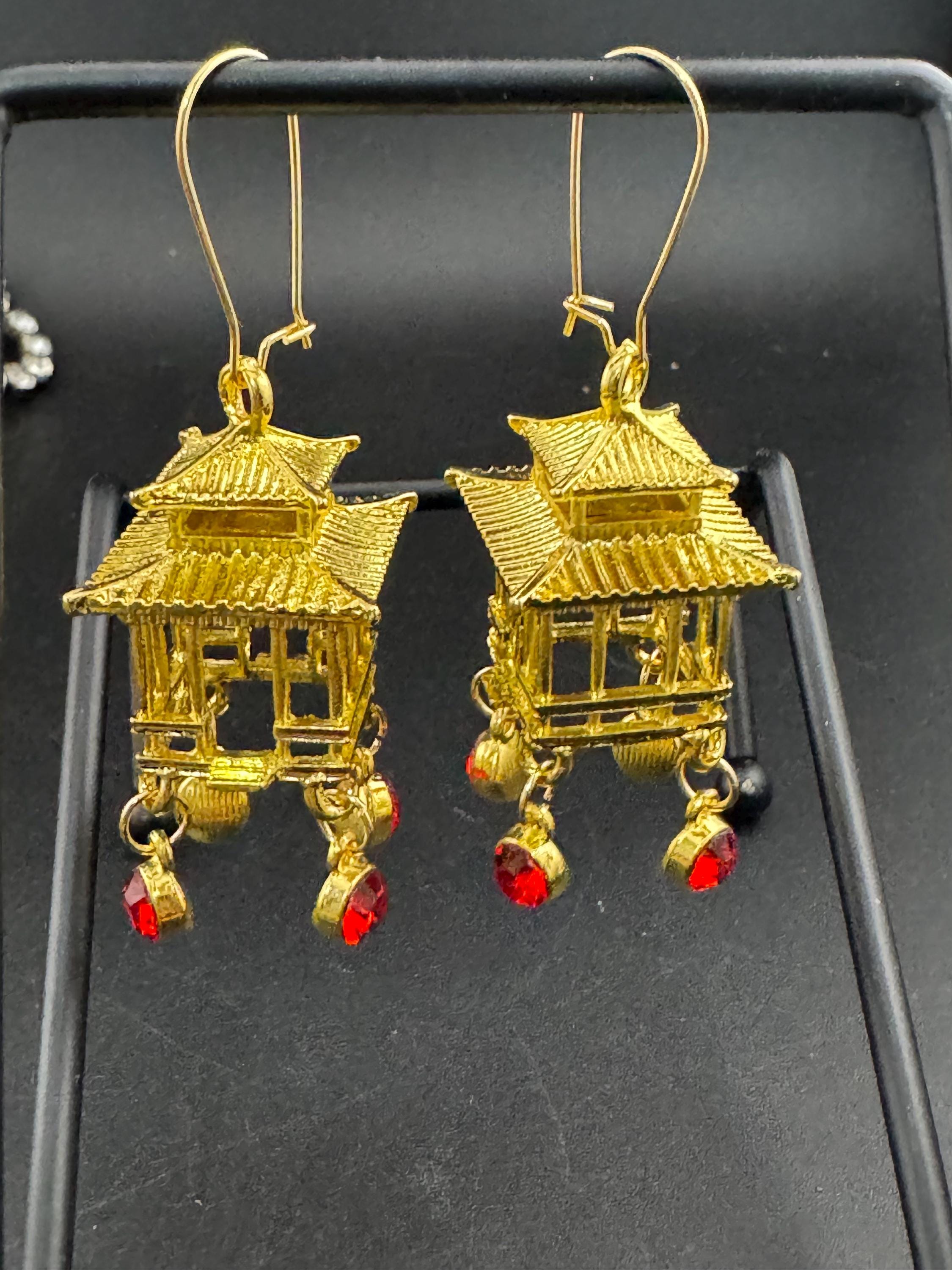 Chinese golden pagoda lantern ruby drop earrings, red rhinestones, oversized