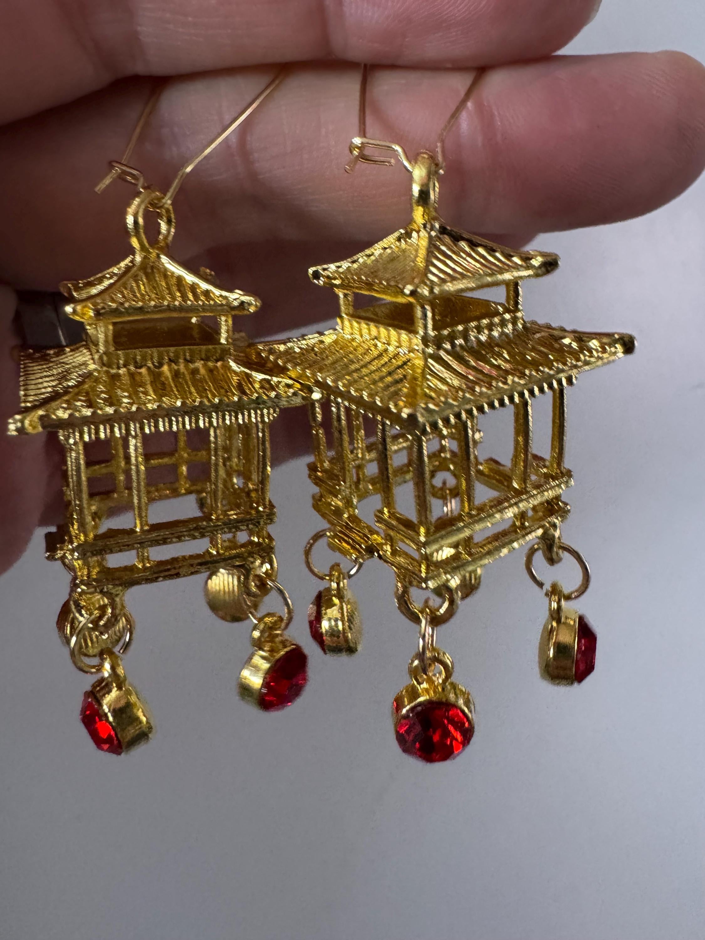 Chinese golden pagoda lantern ruby drop earrings, red rhinestones, oversized