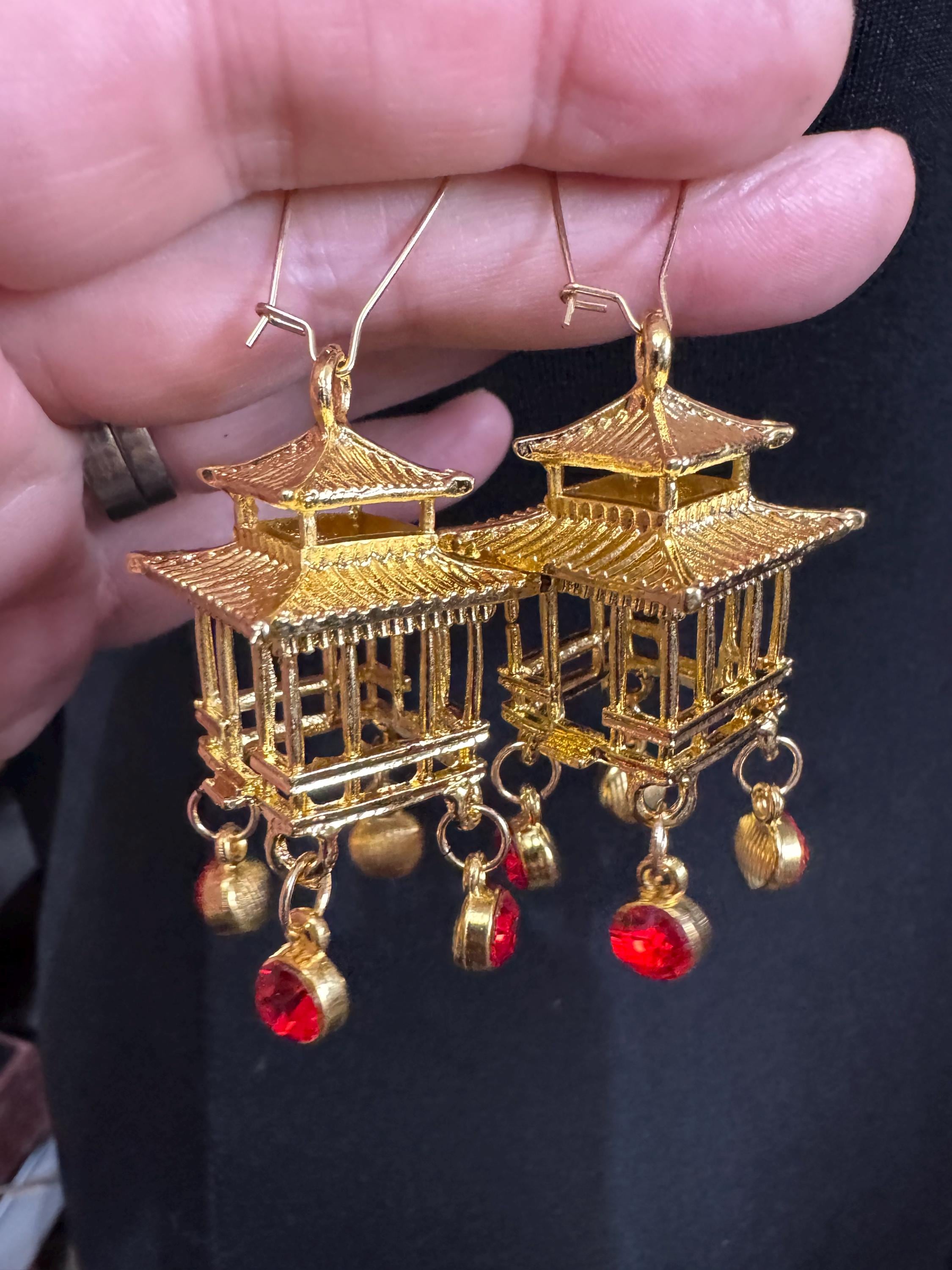 Chinese golden pagoda lantern ruby drop earrings, red rhinestones, oversized
