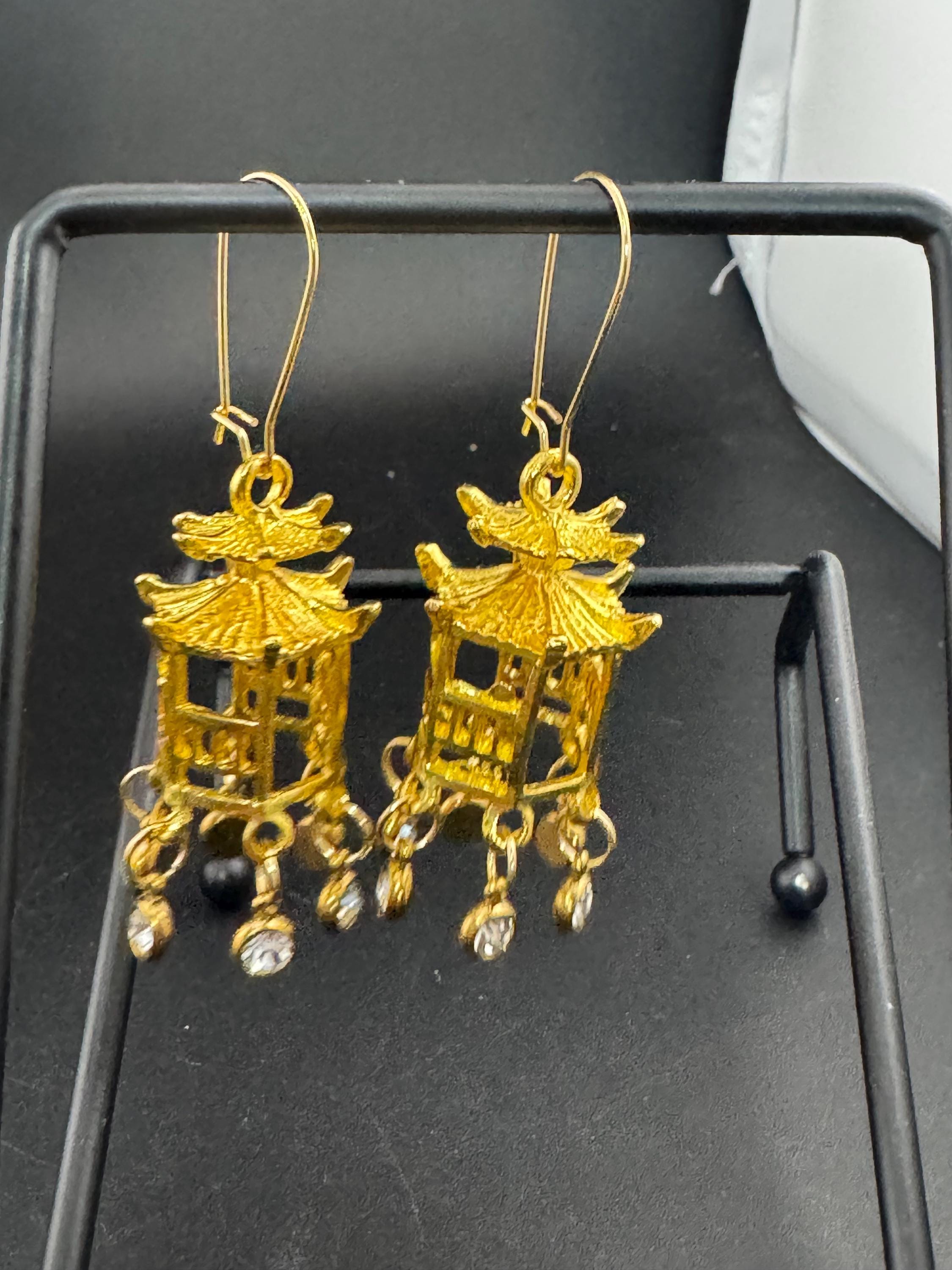 Japanese golden pagoda lantern crystal drop earrings, clear rhinestones