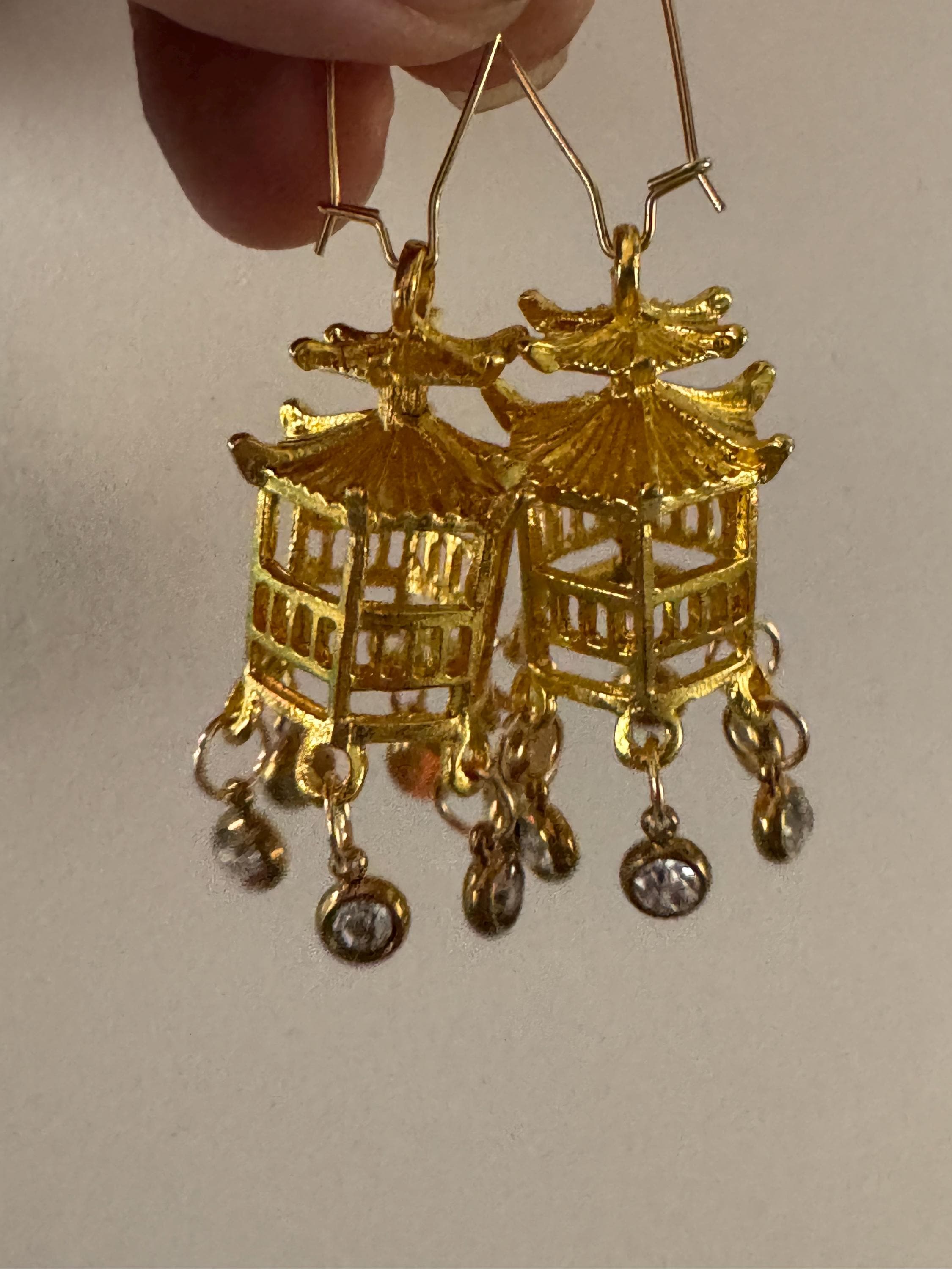 Japanese golden pagoda lantern crystal drop earrings, clear rhinestones