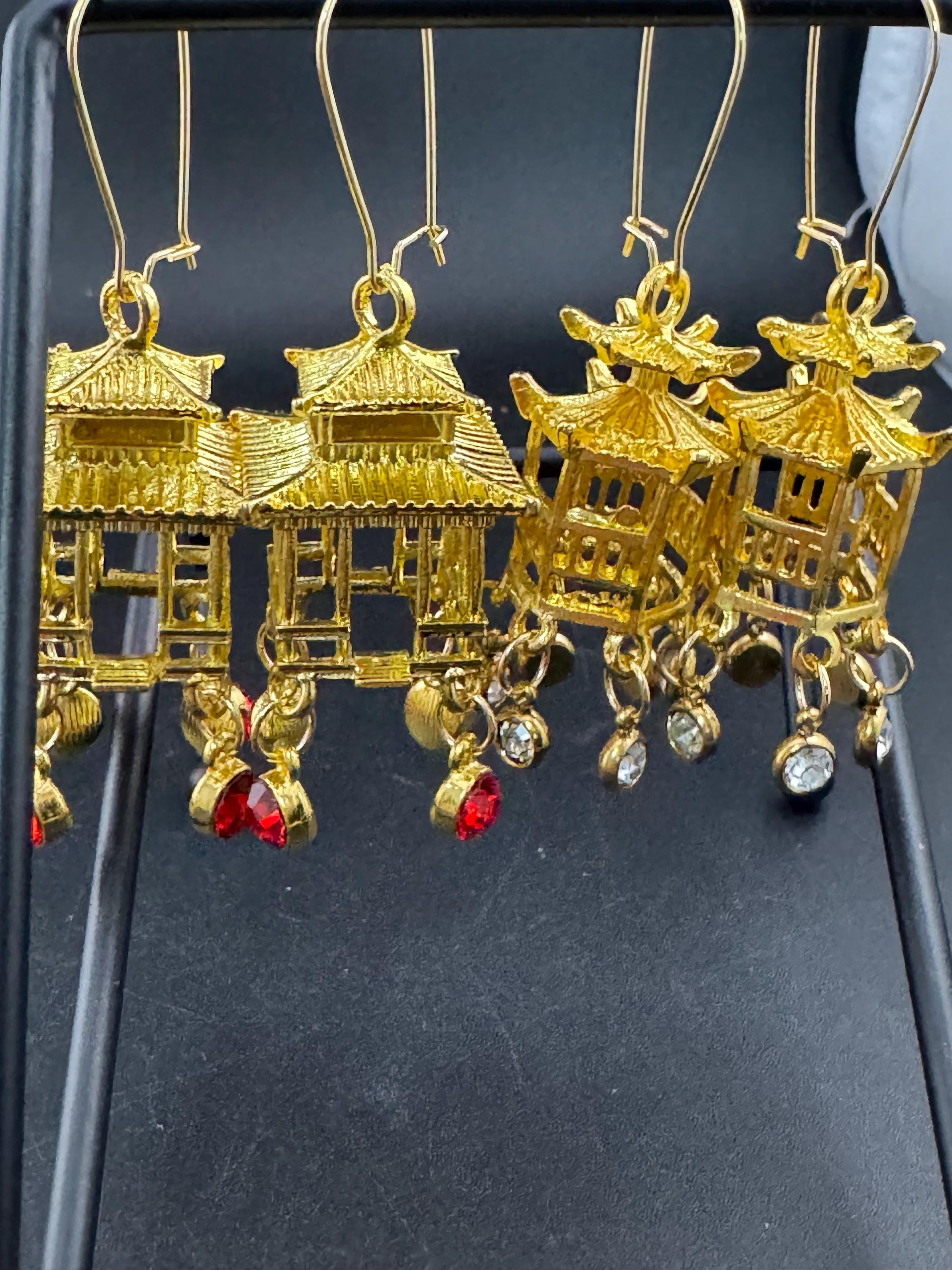 Japanese golden pagoda lantern crystal drop earrings, clear rhinestones