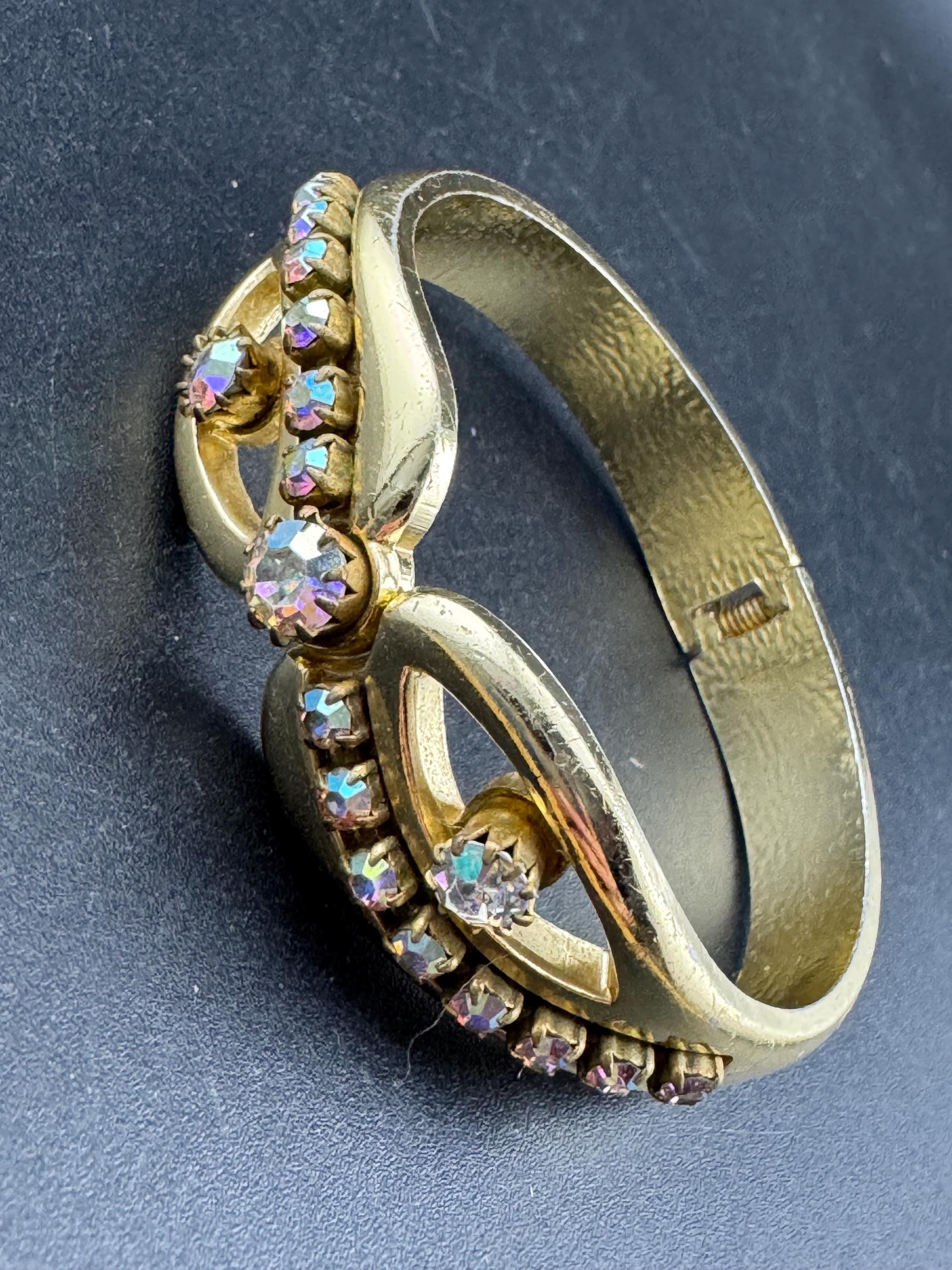 old Vintage gold AB Aurora borealis rhinestone hinged bangle bracelet