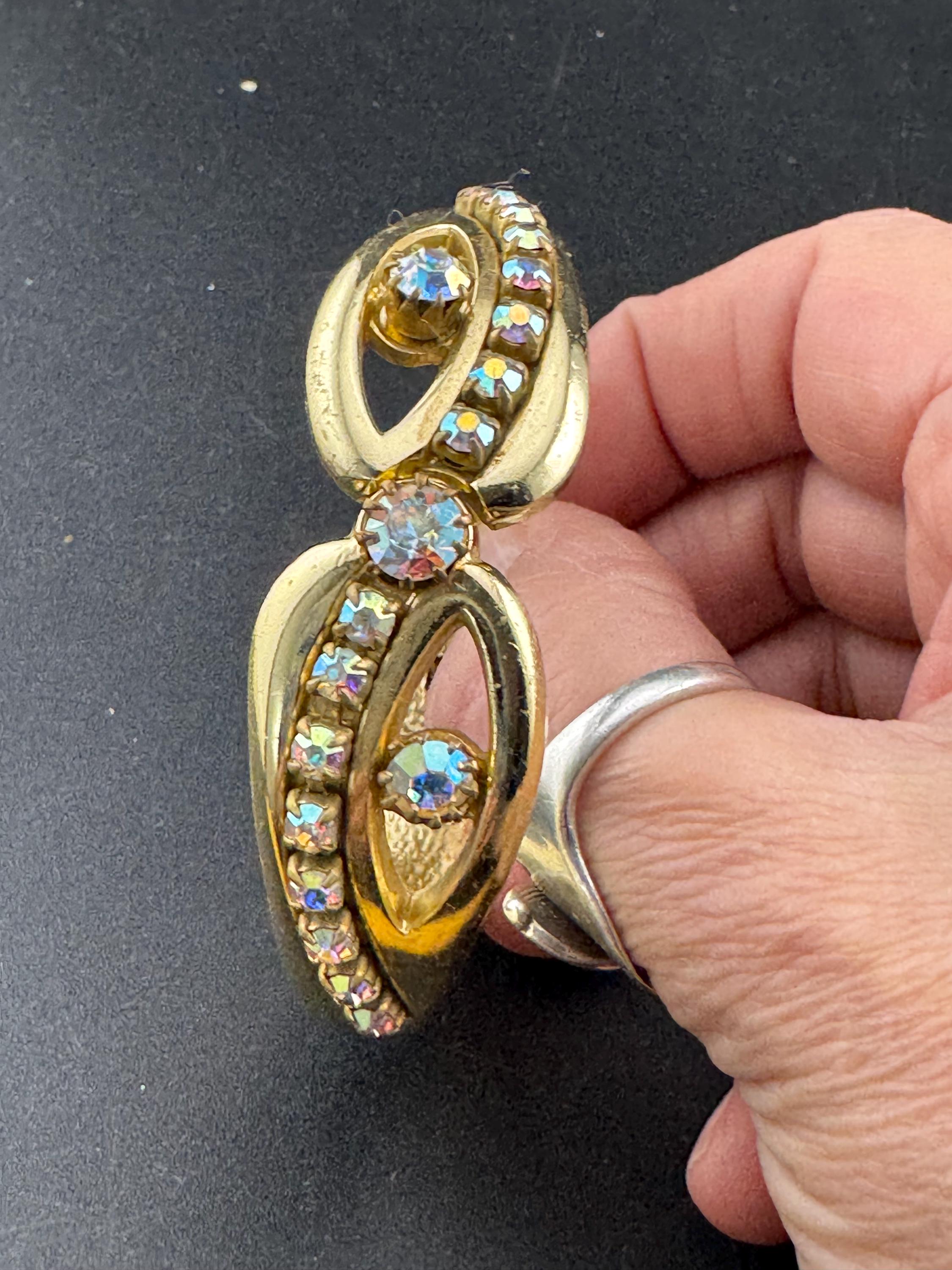 old Vintage gold AB Aurora borealis rhinestone hinged bangle bracelet