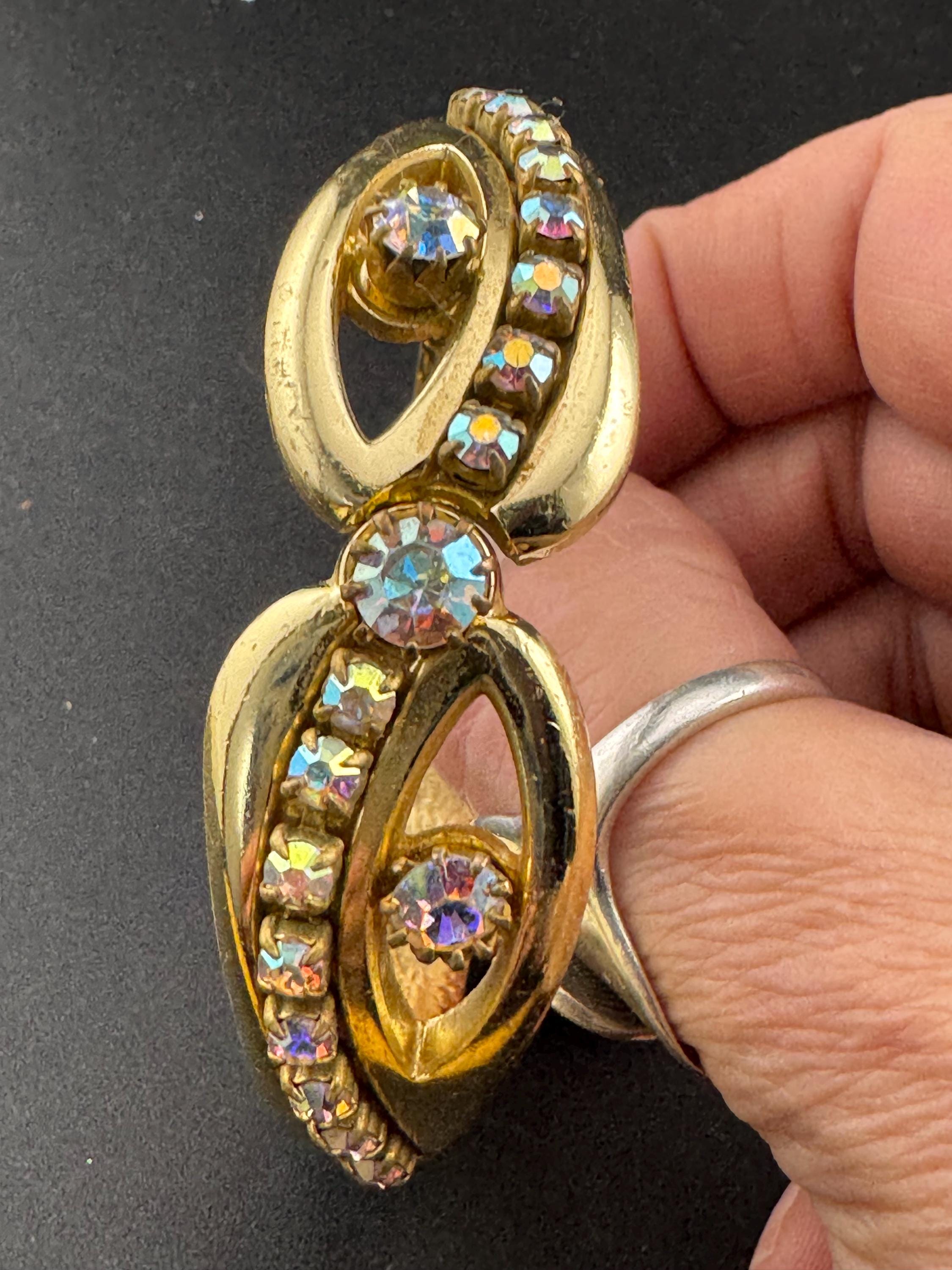 old Vintage gold AB Aurora borealis rhinestone hinged bangle bracelet