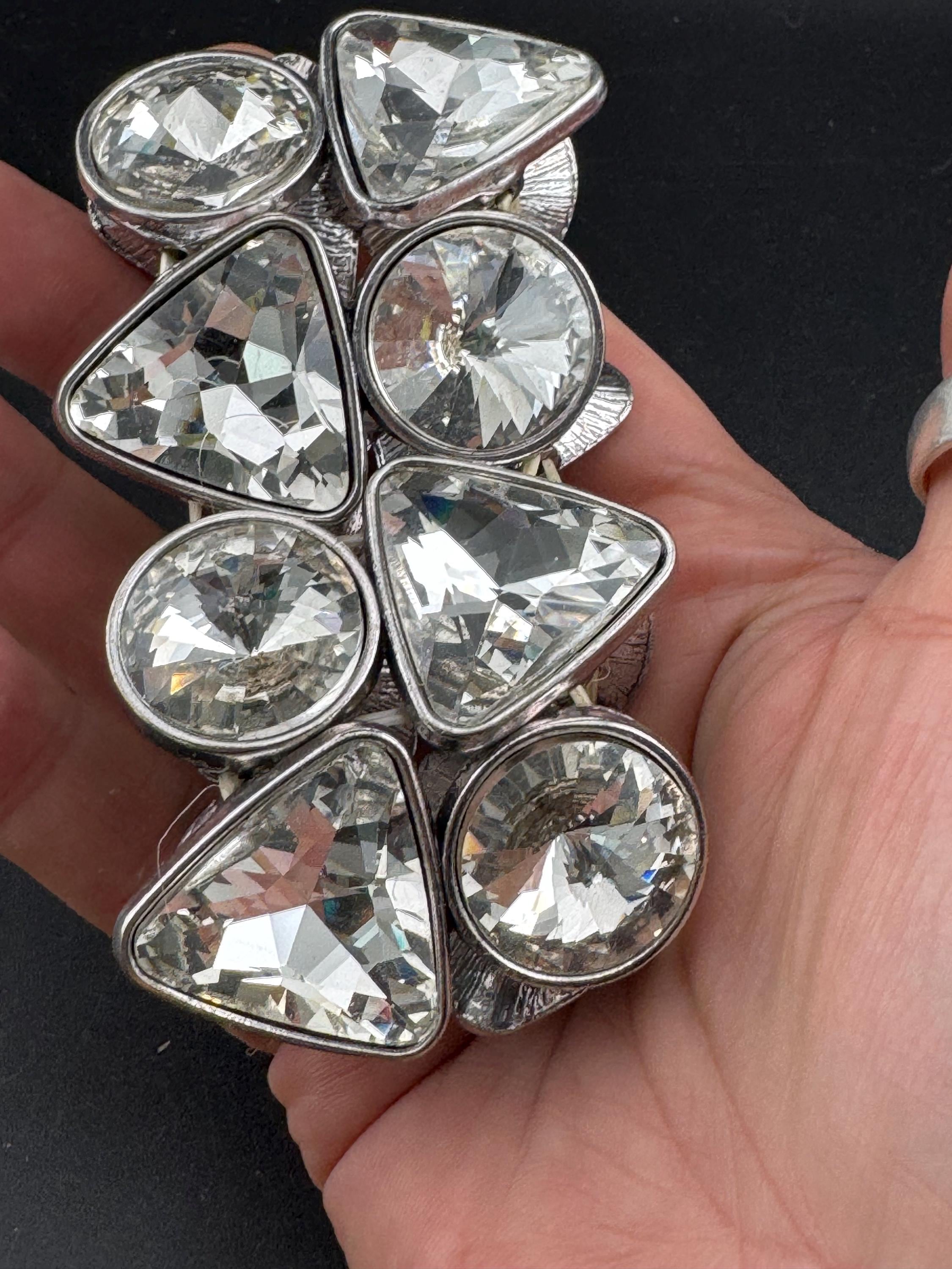 Retro wide silver tone Rivoli crystal stretch Bangle, diamanté Bracelet