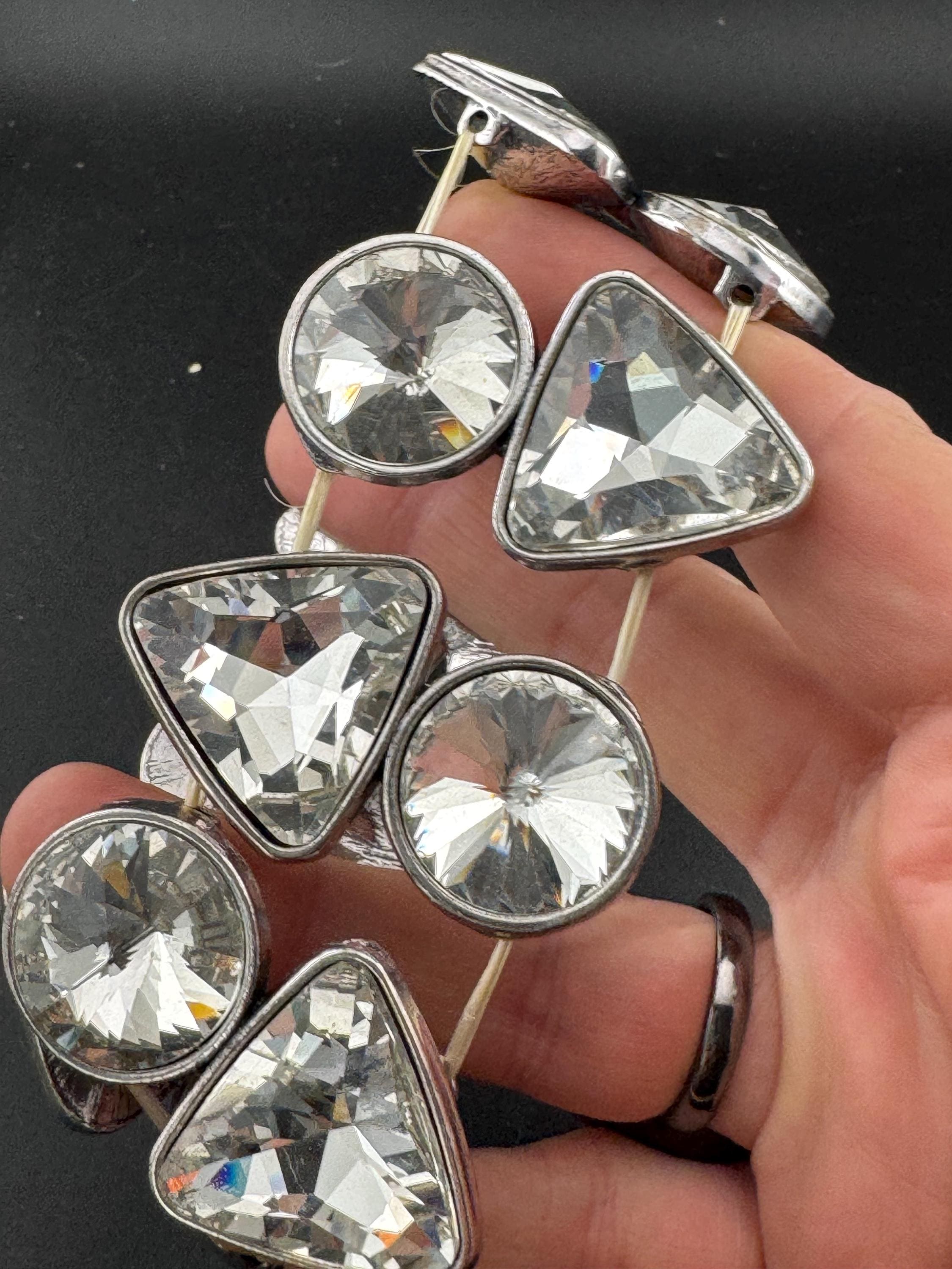 Retro wide silver tone Rivoli crystal stretch Bangle, diamanté Bracelet