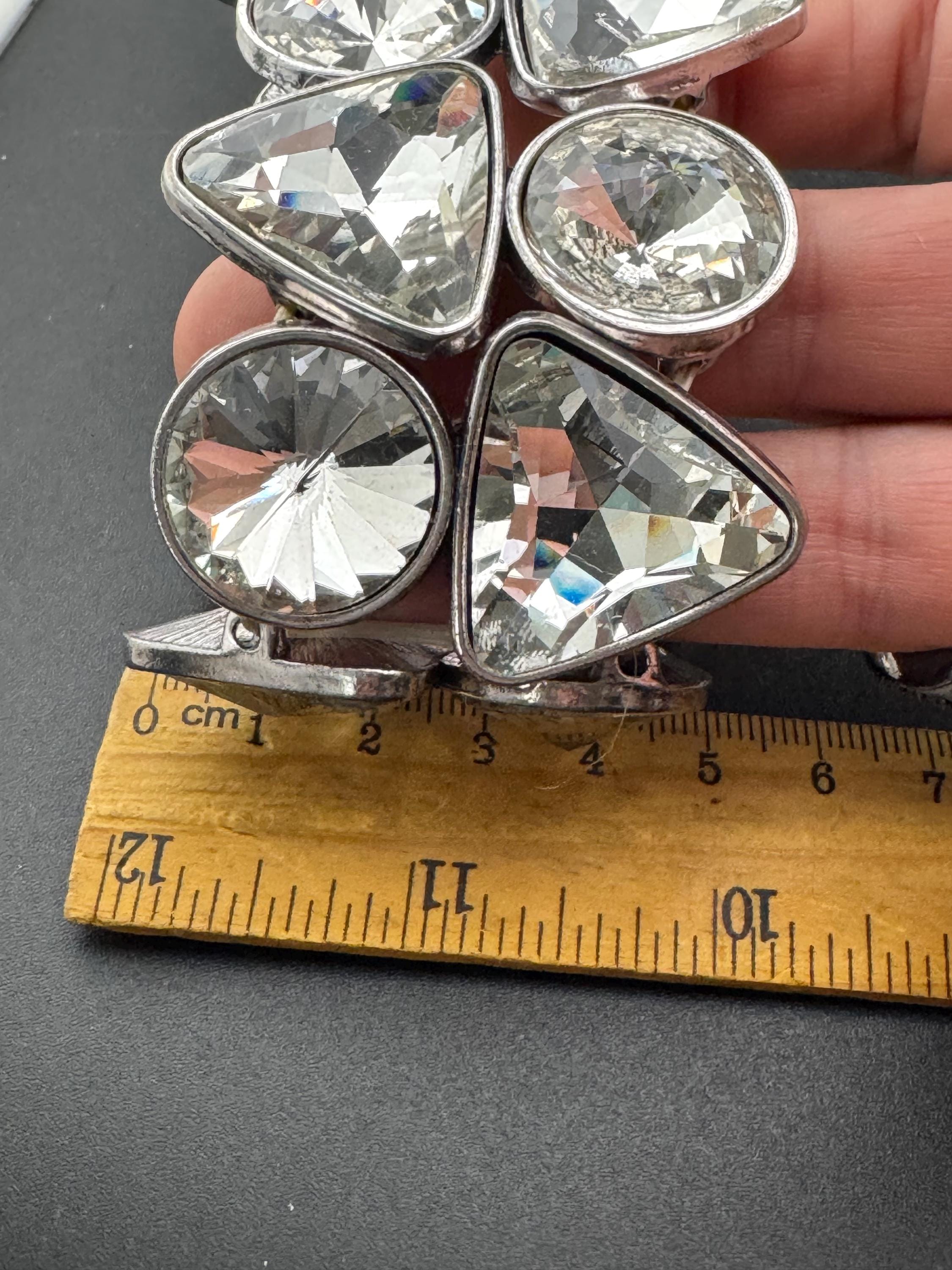 Retro wide silver tone Rivoli crystal stretch Bangle, diamanté Bracelet