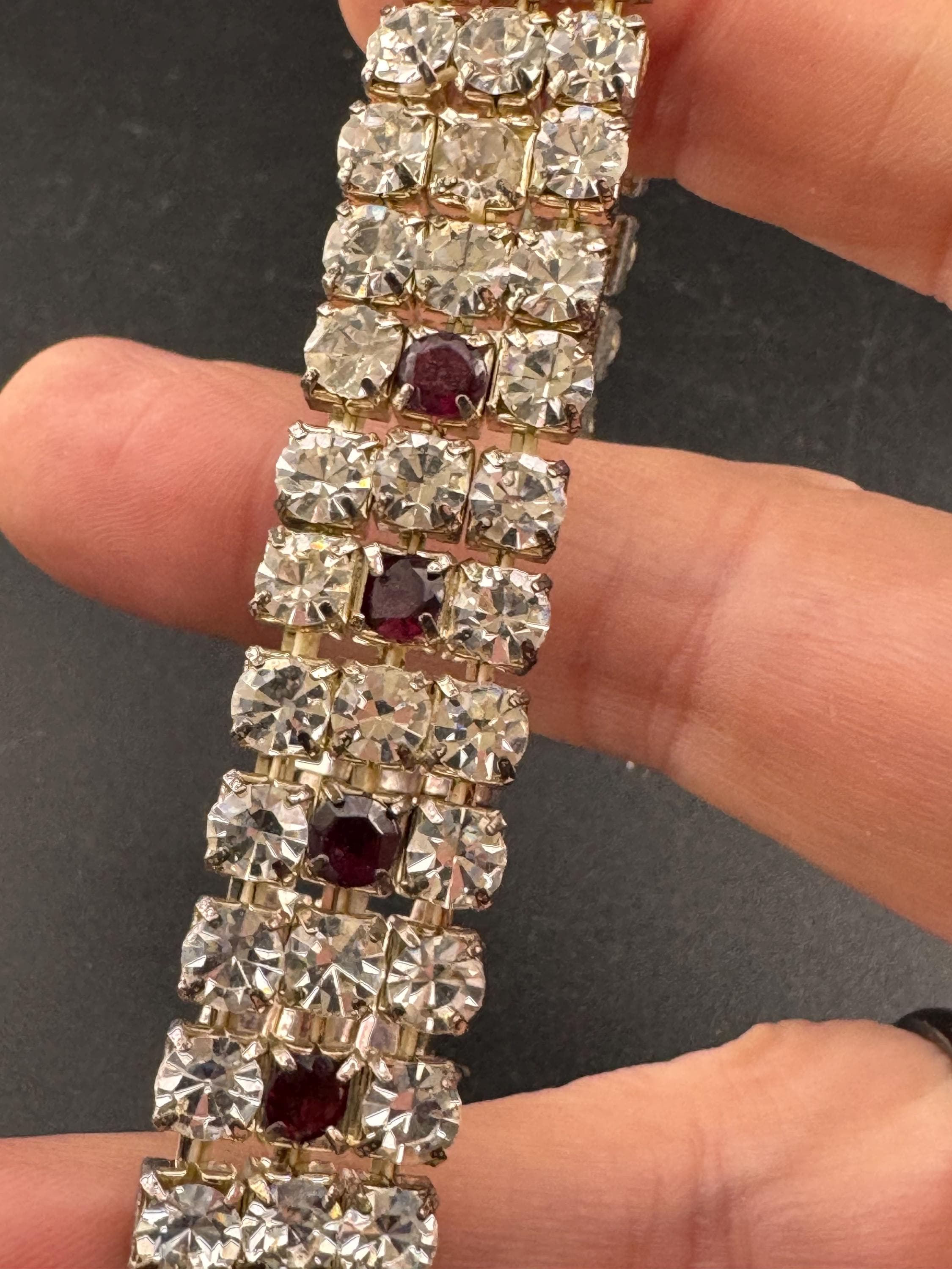 Vintage silver tone ruby garnet rhinestone set cocktail Bracelet, stretch elasticated
