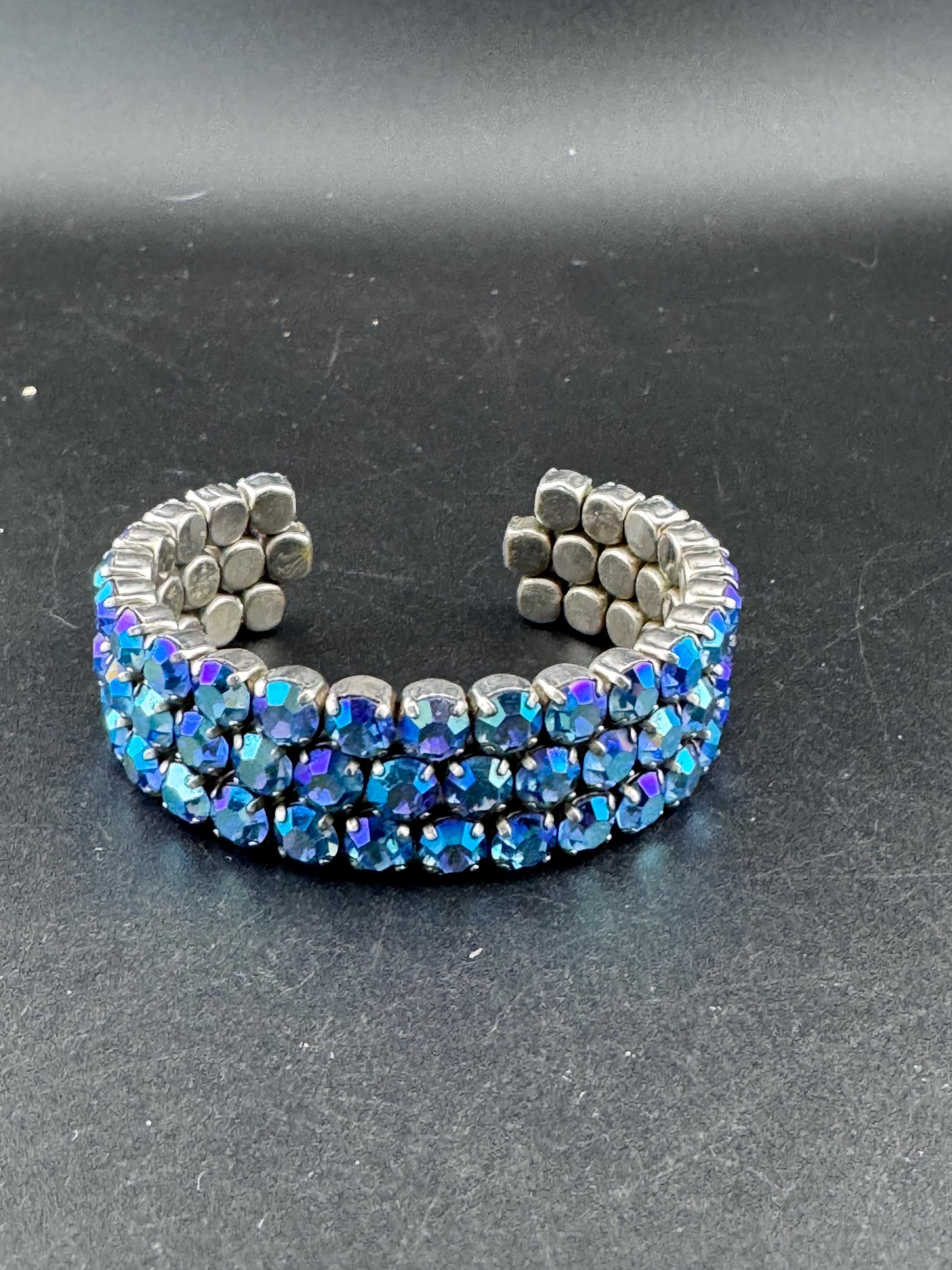 Vintage blue AB Aurora borealis rhinestone open cuff bracelet, silver tone