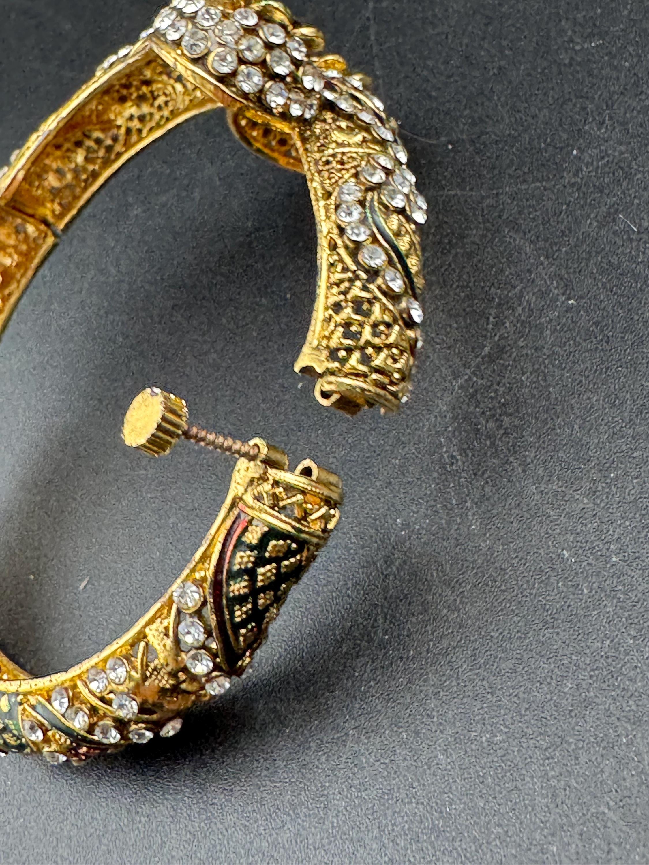 Amethyst glass rhinestone snake bangle , gold tone clamper bracelet retro