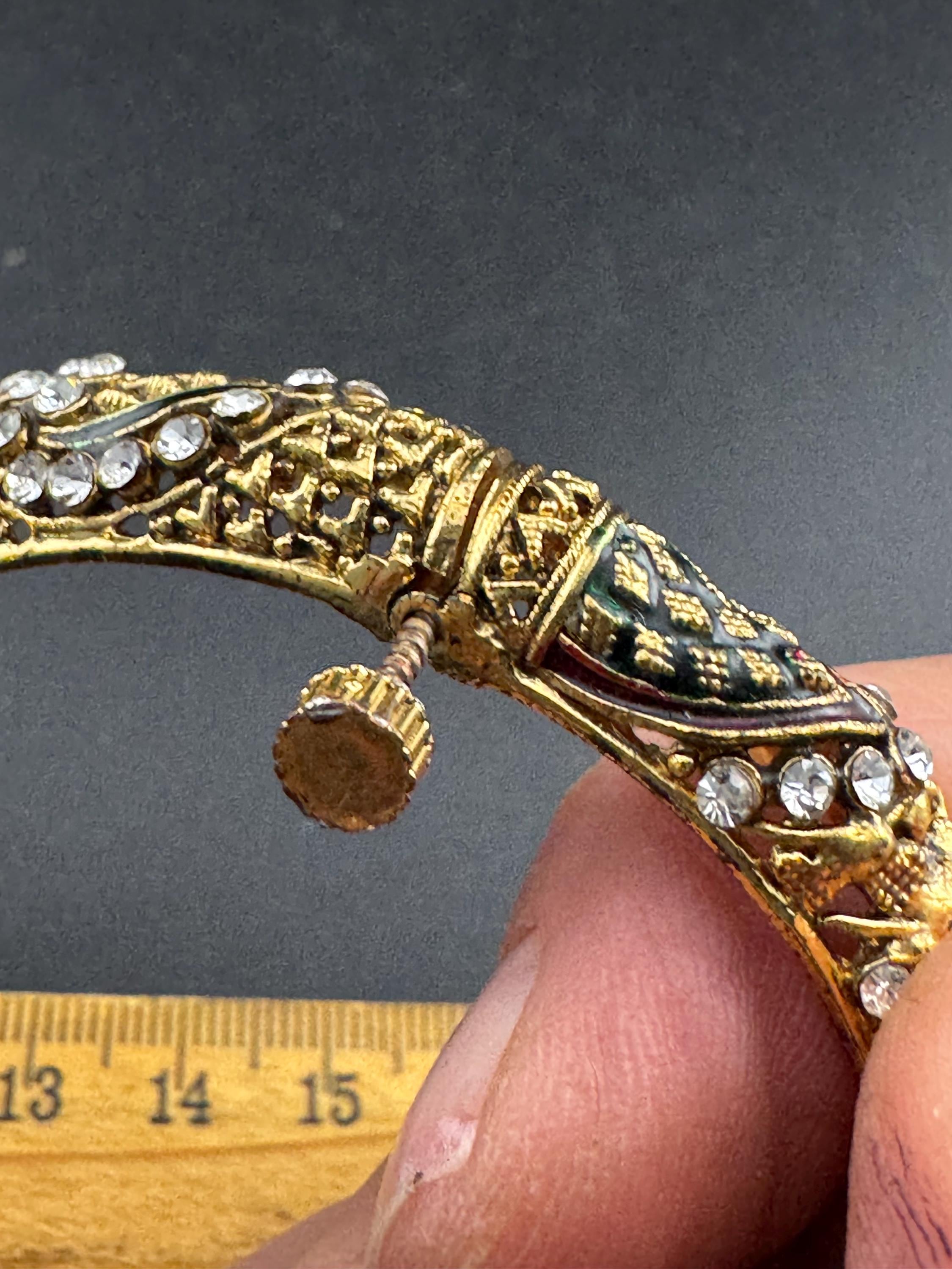 Amethyst glass rhinestone snake bangle , gold tone clamper bracelet retro