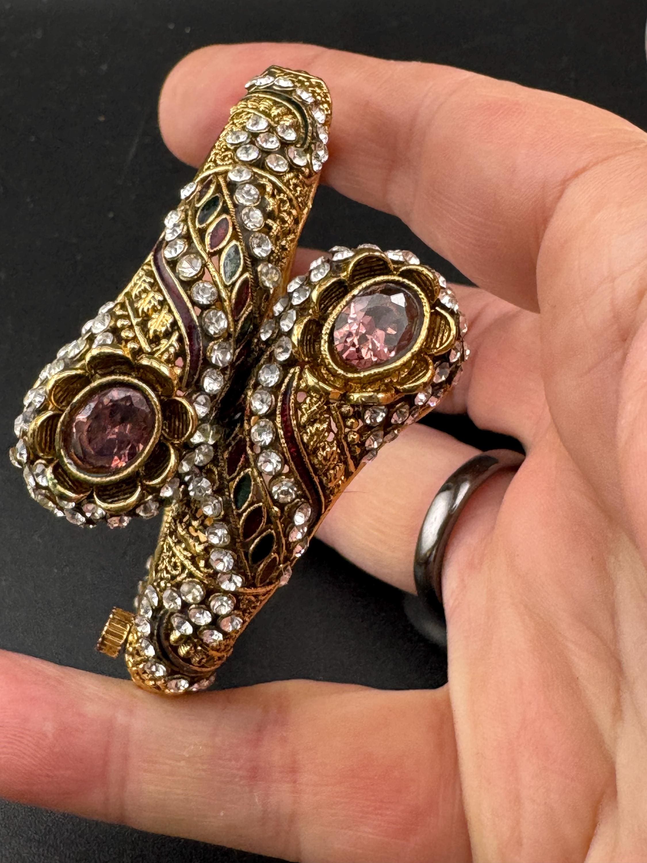 Amethyst glass rhinestone snake bangle , gold tone clamper bracelet retro