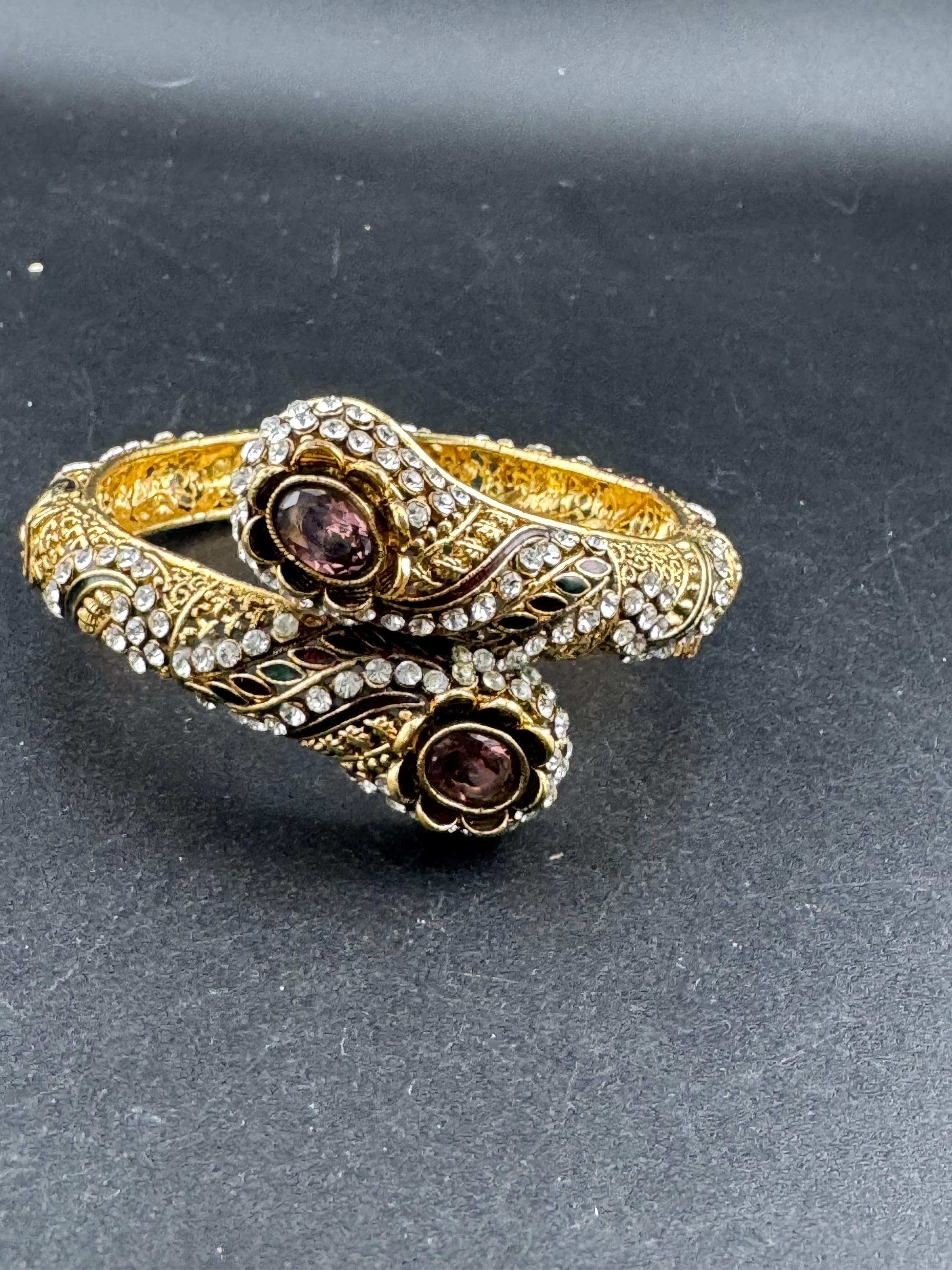 Amethyst glass rhinestone snake bangle , gold tone clamper bracelet retro