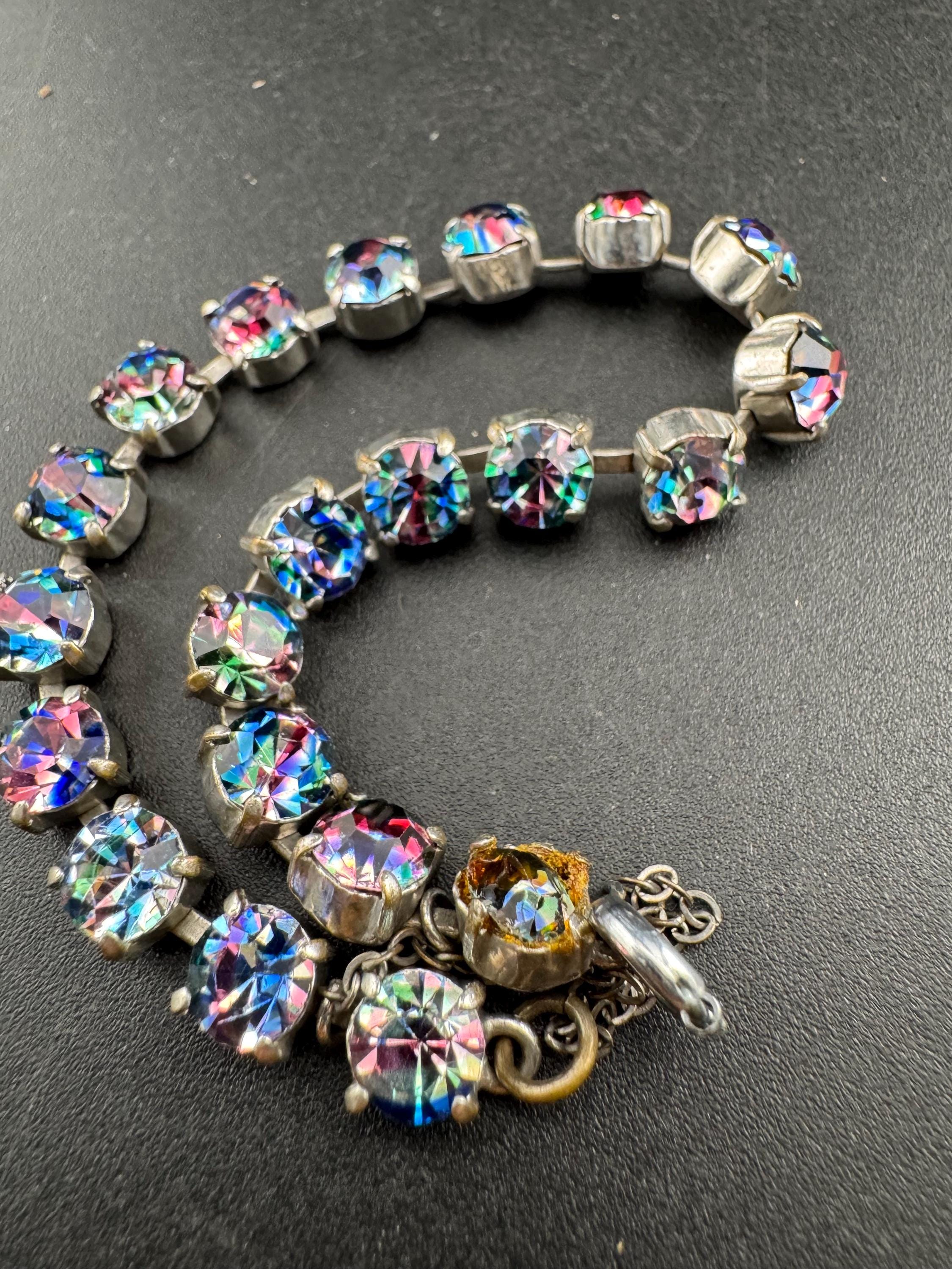 Vintage iris glass slim diamanté cocktail bracelet, safety chain