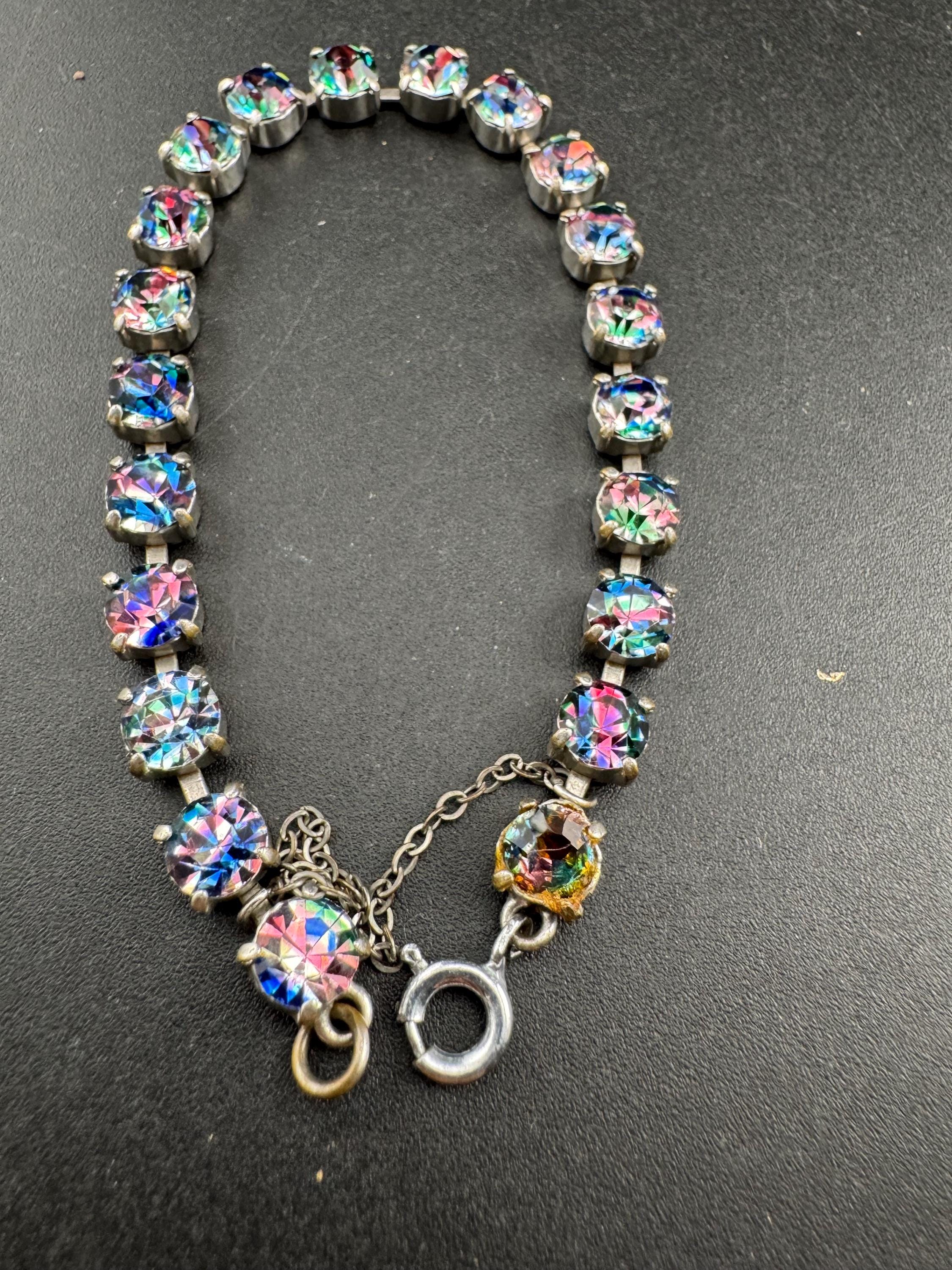 Vintage iris glass slim diamanté cocktail bracelet, safety chain