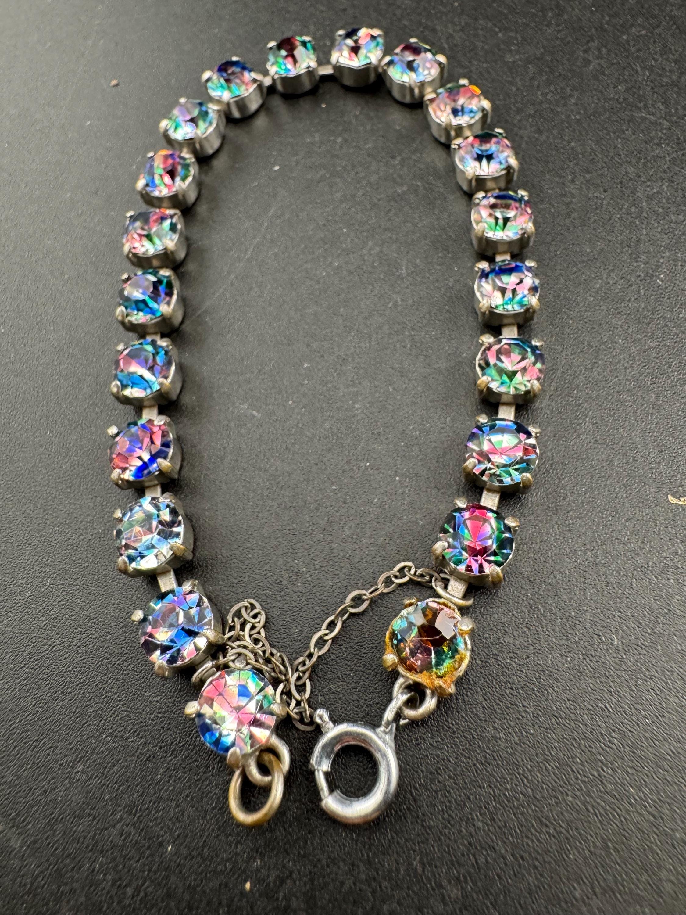 Vintage iris glass slim diamanté cocktail bracelet, safety chain