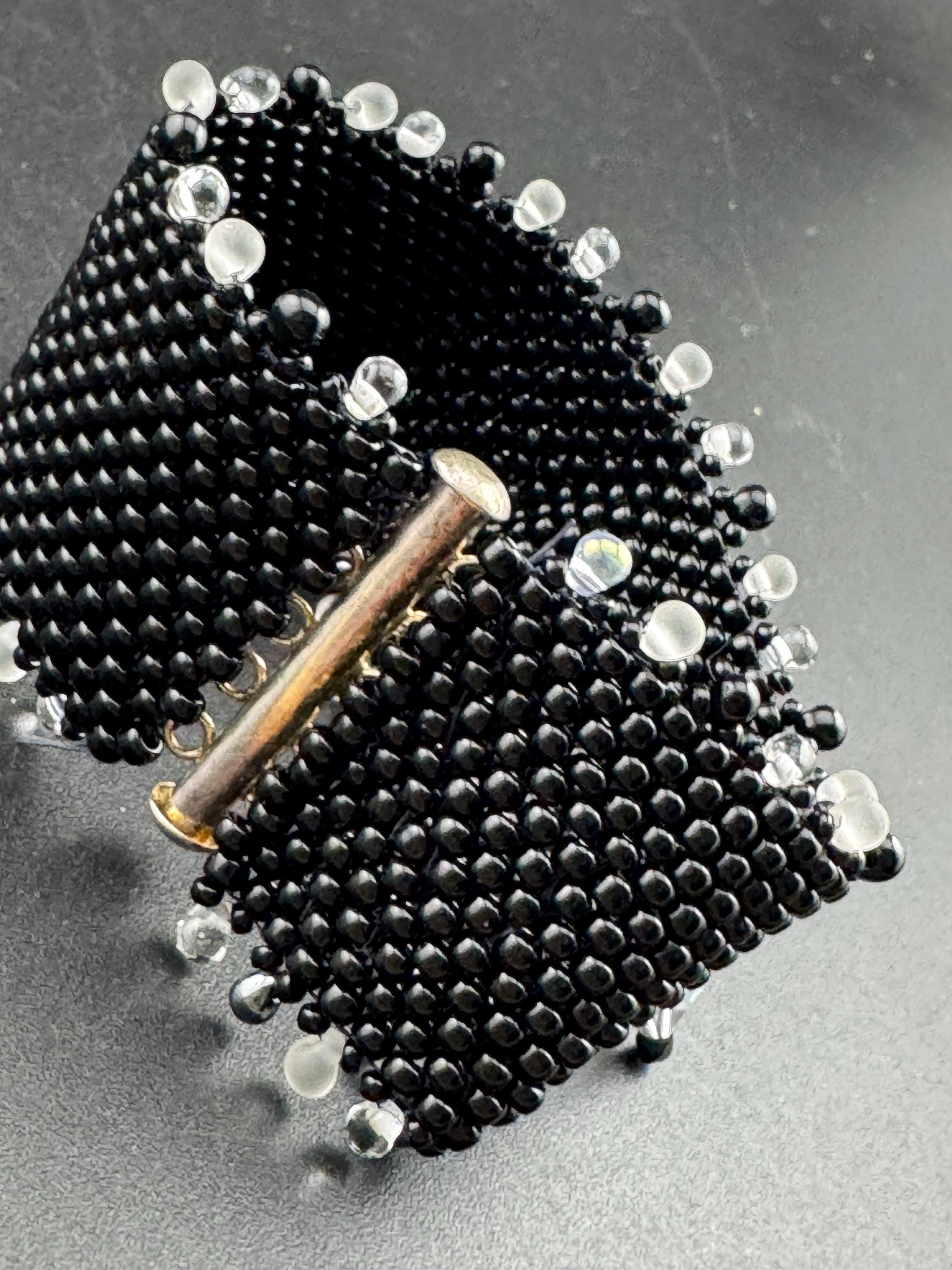 Vintage wide black seed bead woven bracelet set with Aurora borealis beads